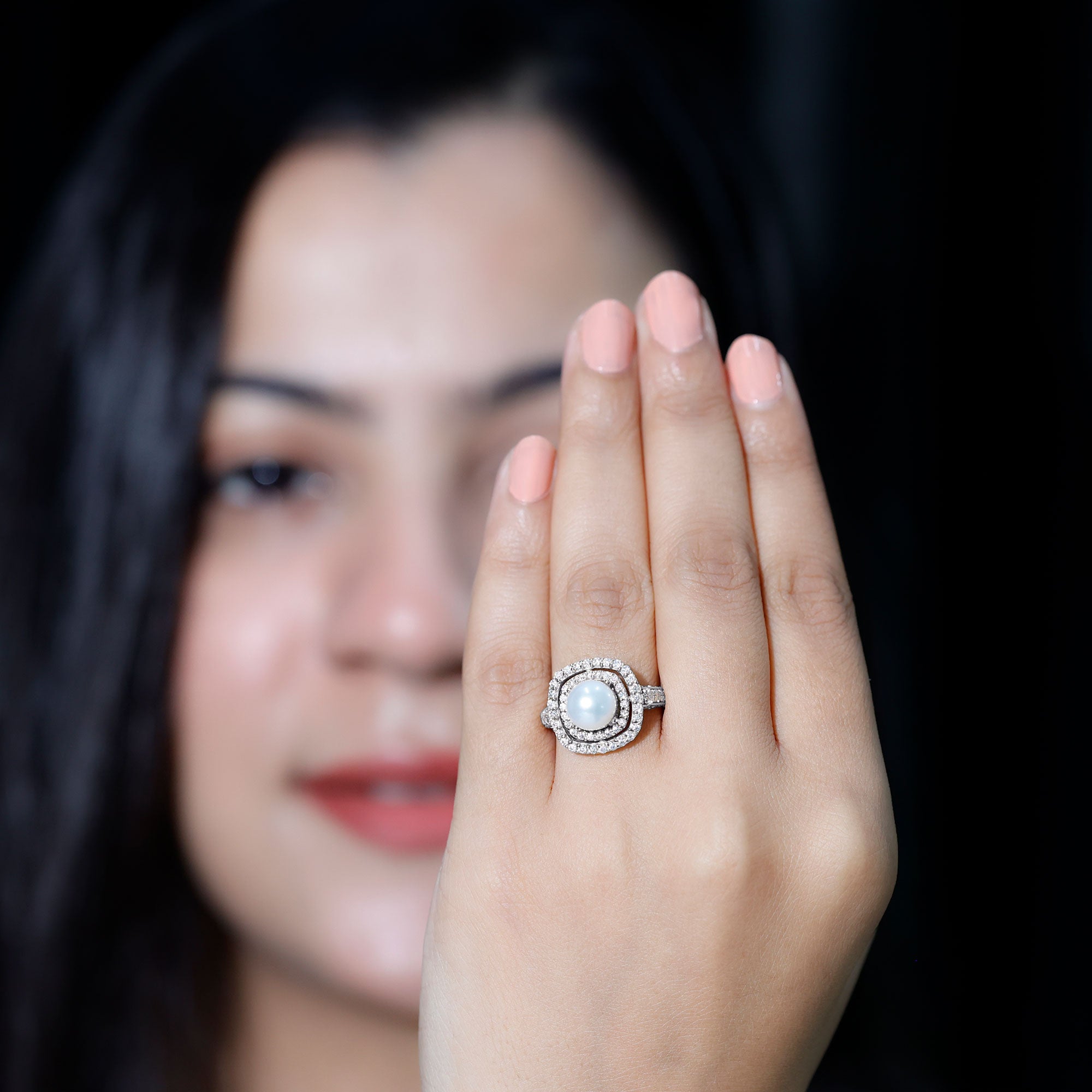 7.4 Carat Freshwater Pearl Double Halo Engagement Ring with Moissanite AAA - Rosec Jewels