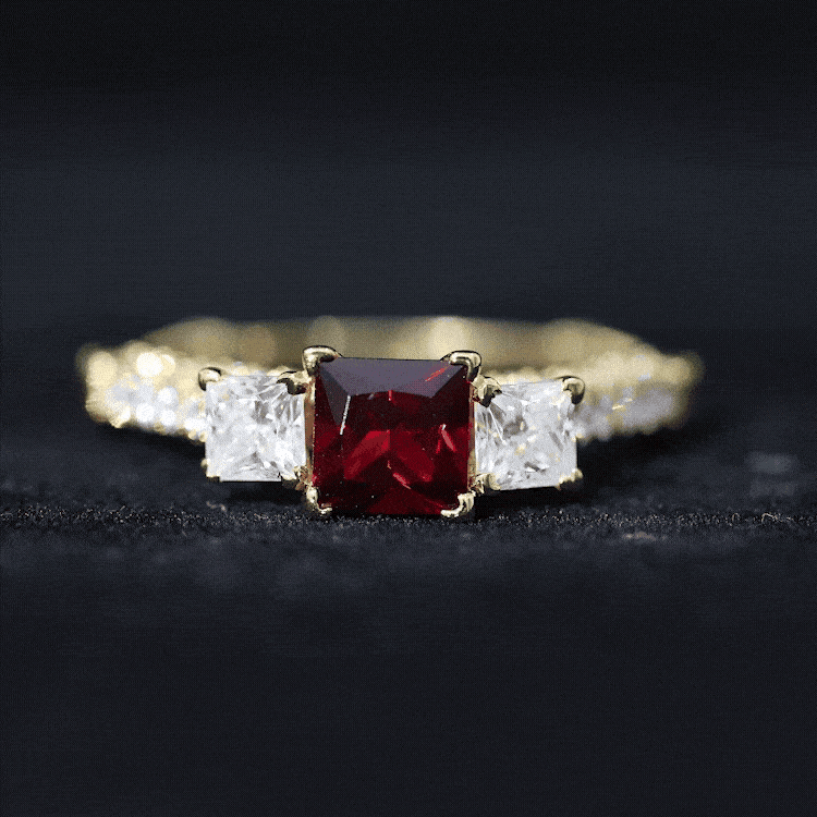 Princess Cut Created Ruby and Moissanite 3 Stone Designer Engagement Ring AAAA - Rosec Jewels