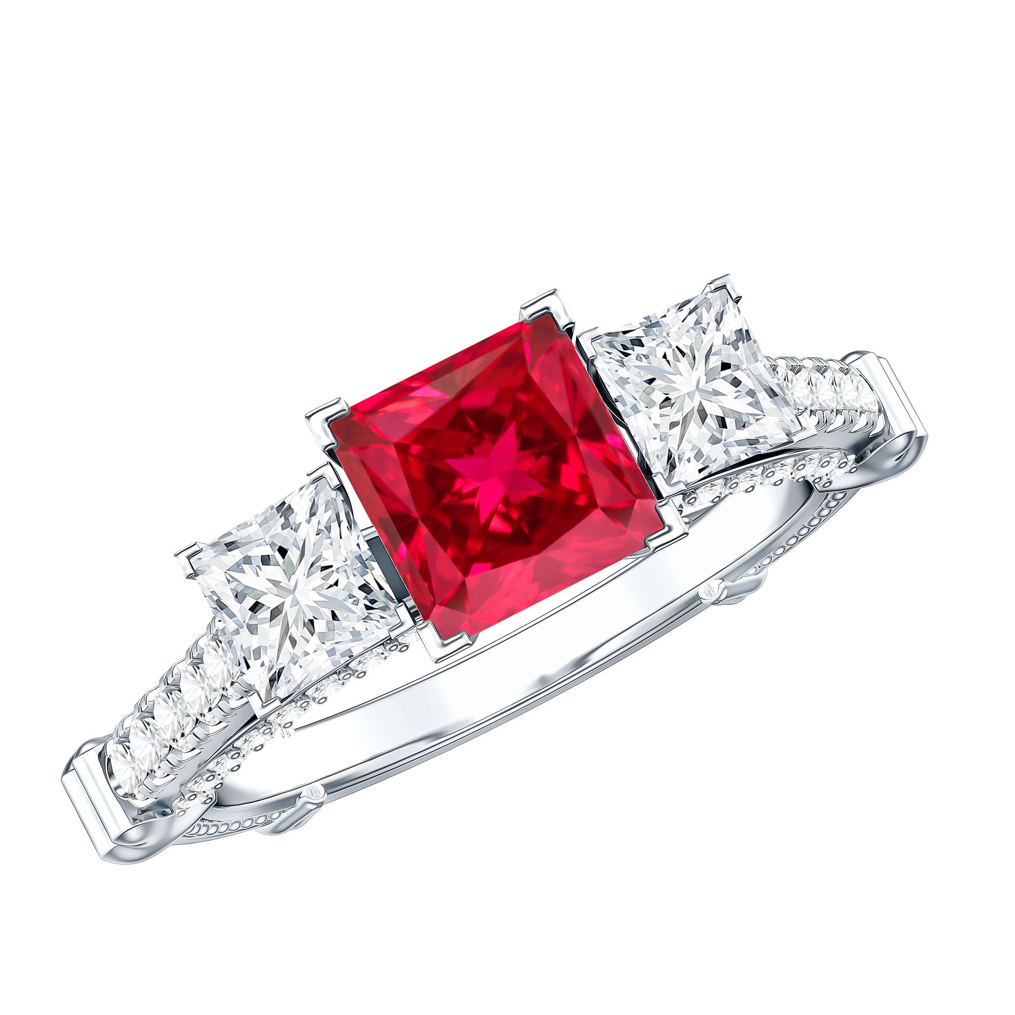 Princess Cut Created Ruby and Moissanite 3 Stone Designer Engagement Ring AAAA - Rosec Jewels