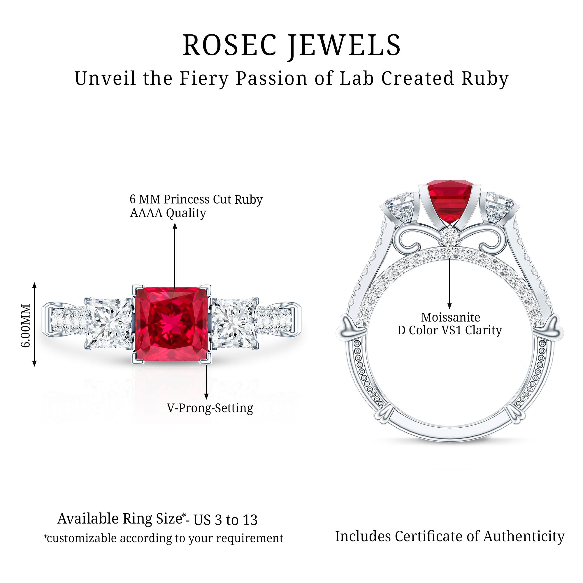 Princess Cut Created Ruby and Moissanite 3 Stone Designer Engagement Ring AAAA - Rosec Jewels