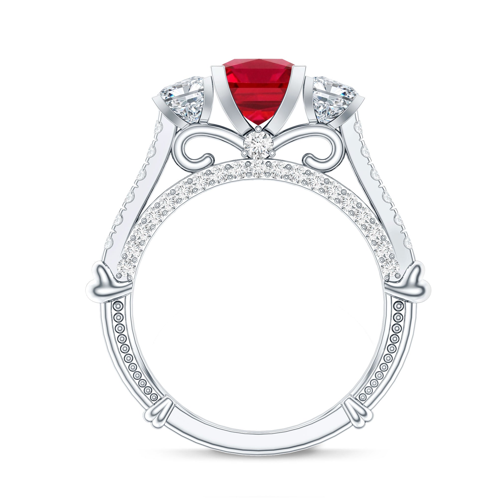 Princess Cut Created Ruby and Moissanite 3 Stone Designer Engagement Ring AAAA - Rosec Jewels