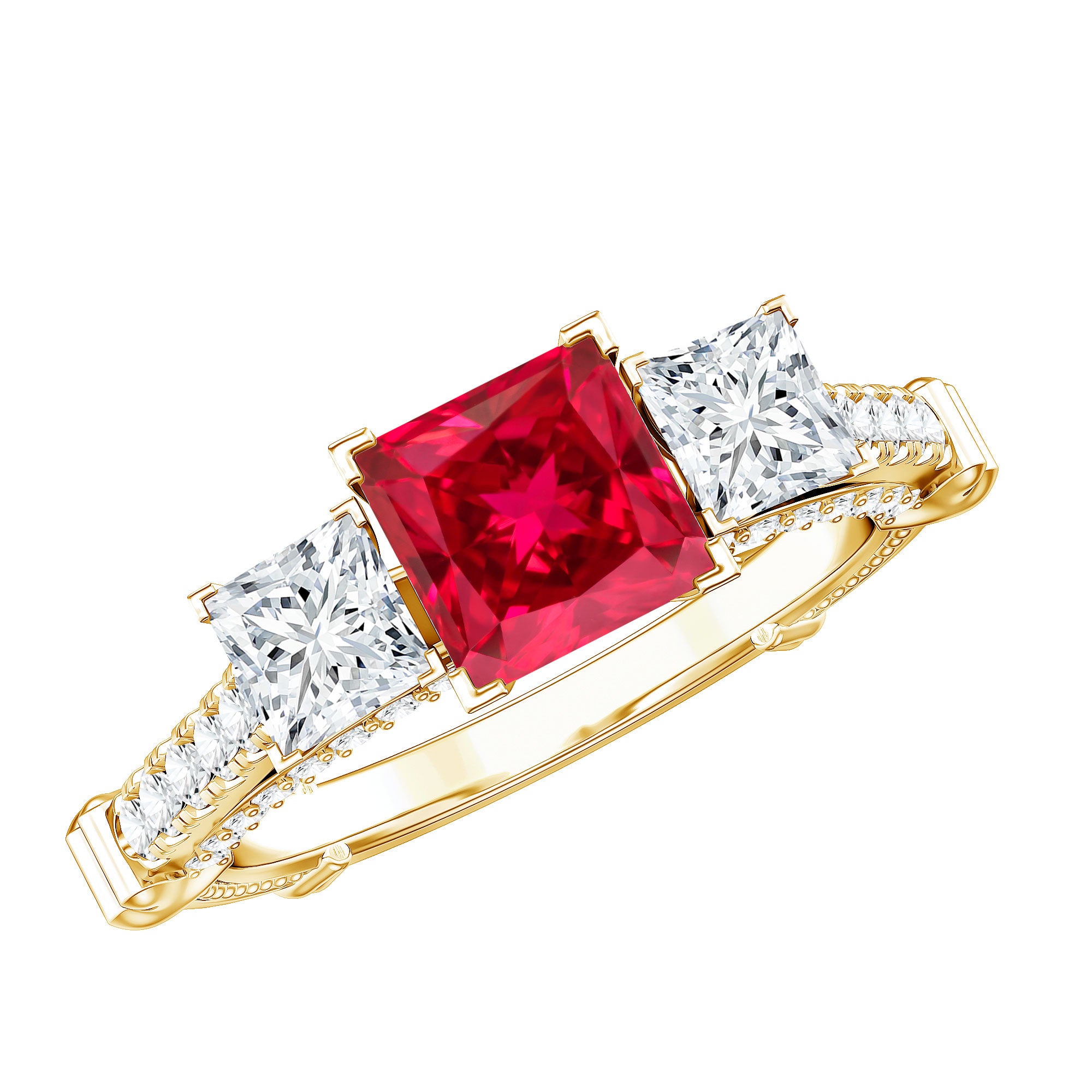 Princess Cut Created Ruby and Moissanite 3 Stone Designer Engagement Ring AAAA - Rosec Jewels
