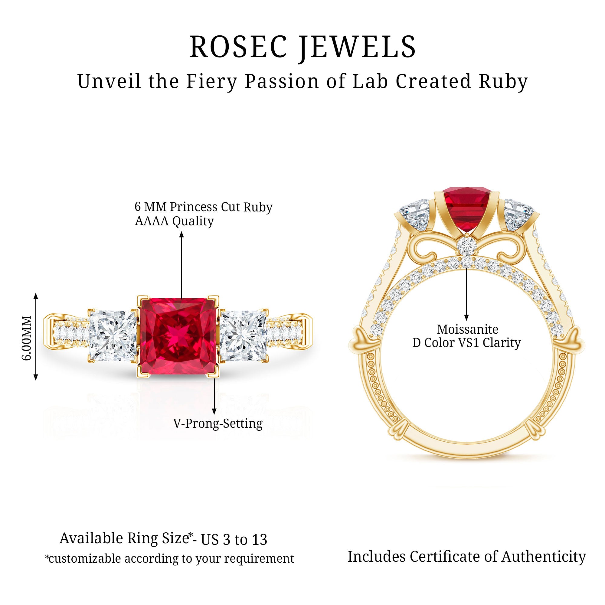 Princess Cut Created Ruby and Moissanite 3 Stone Designer Engagement Ring AAAA - Rosec Jewels