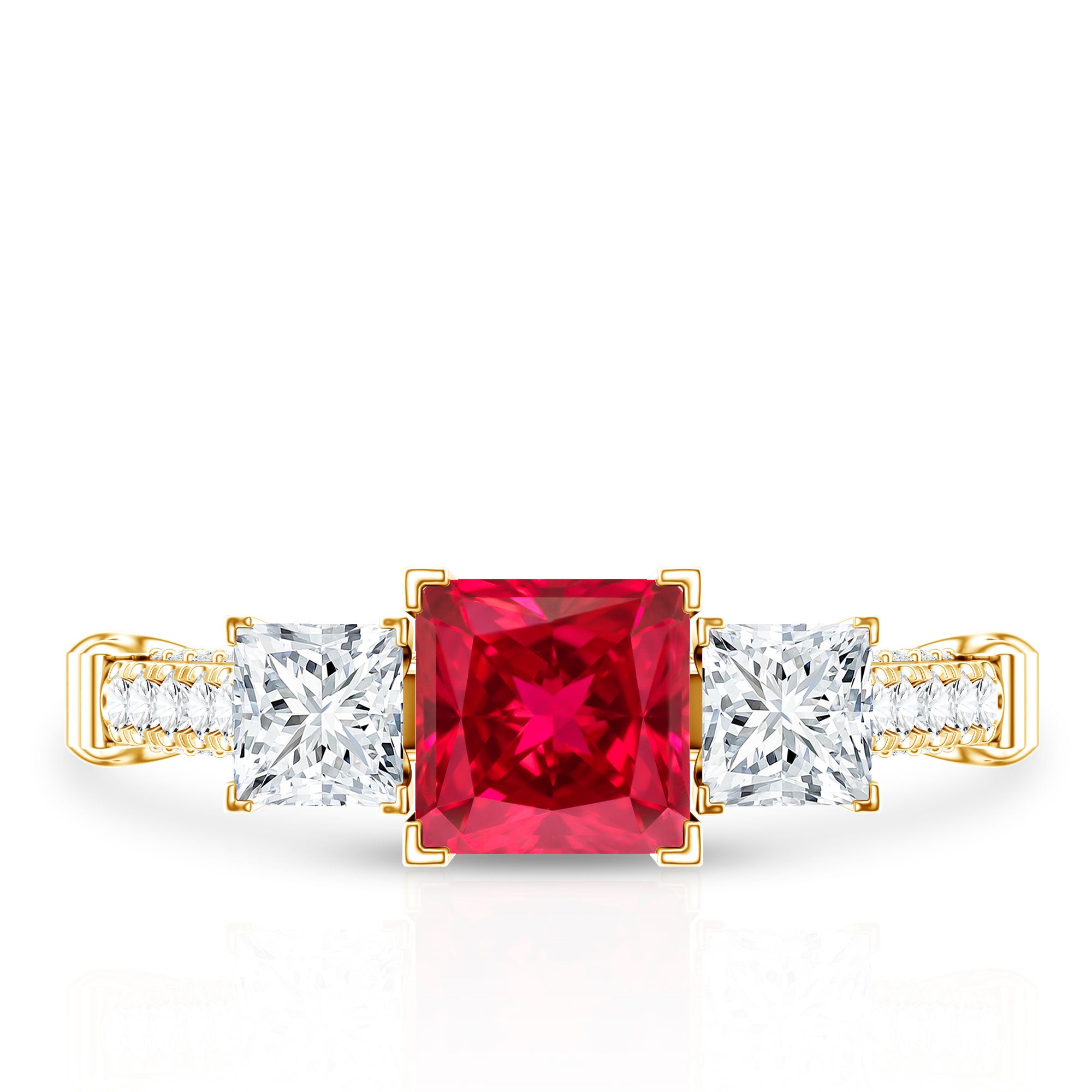 Princess Cut Created Ruby and Moissanite 3 Stone Designer Engagement Ring AAAA - Rosec Jewels