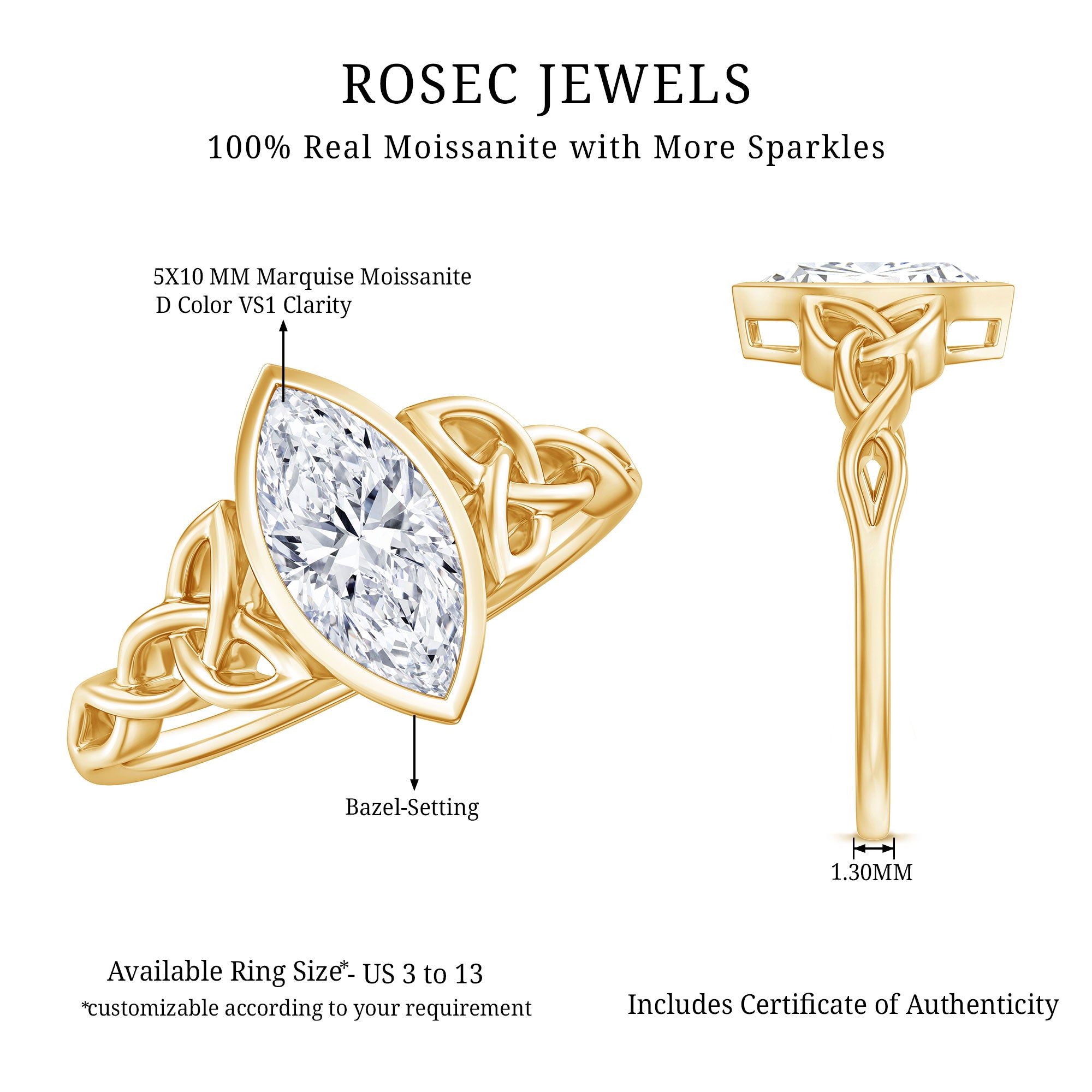 Moissanite 1 Carat Marquise Cut Engagement Ring in Bezel Setting D-VS1 - Rosec Jewels
