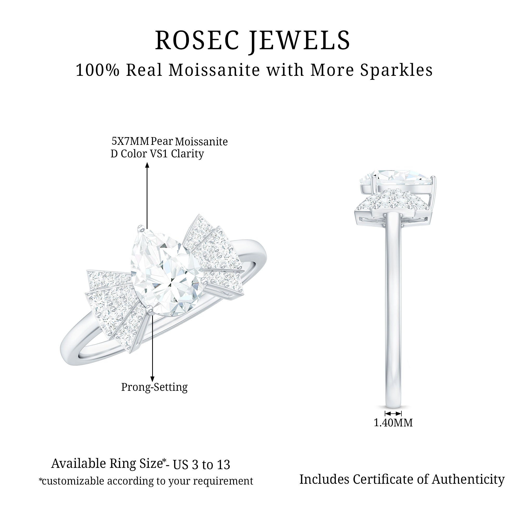 Pear Shaped Moissanite Designer Engagement Ring D-VS1 - Rosec Jewels