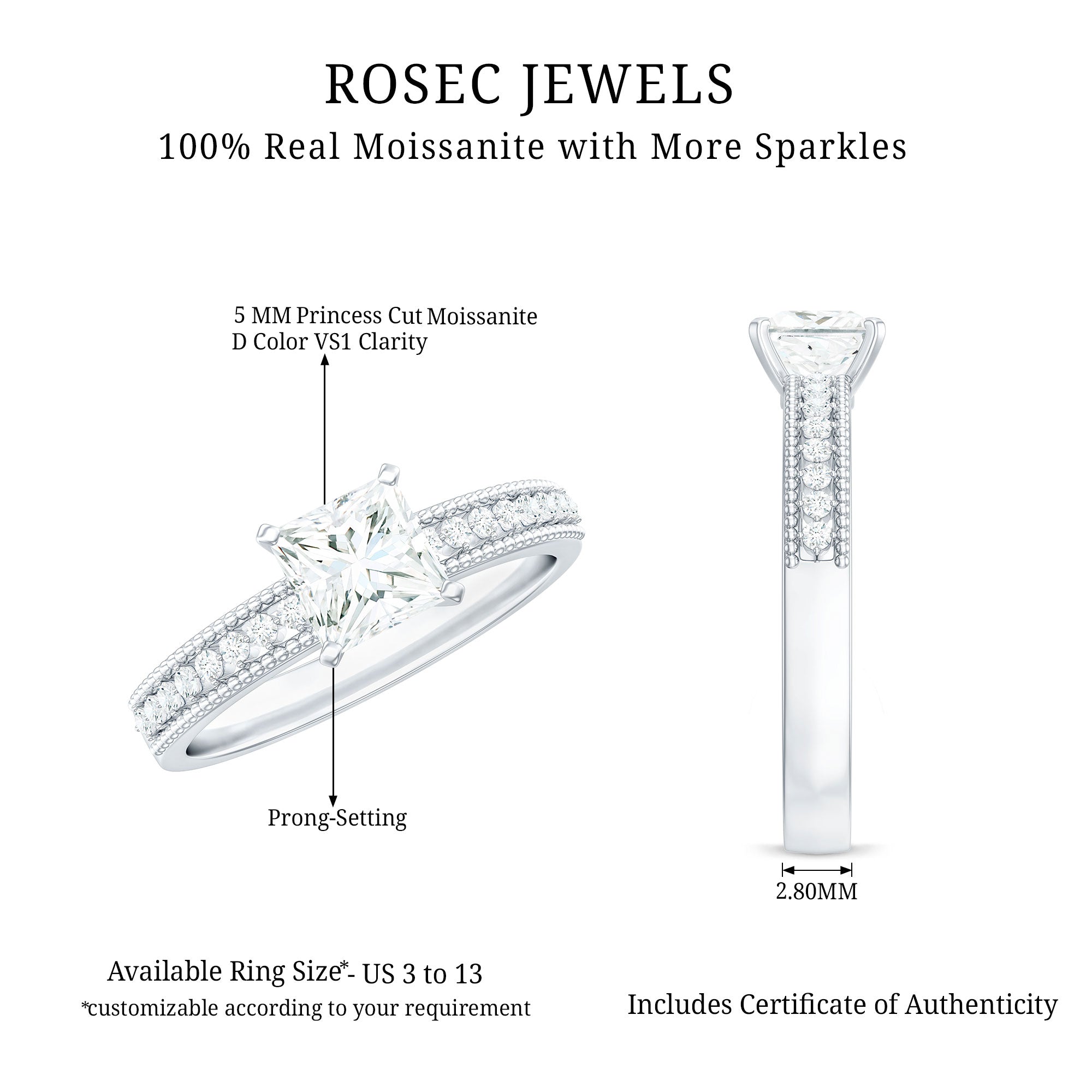 Moissanite Solitaire Engagement Ring with Princess Cut D-VS1 - Rosec Jewels