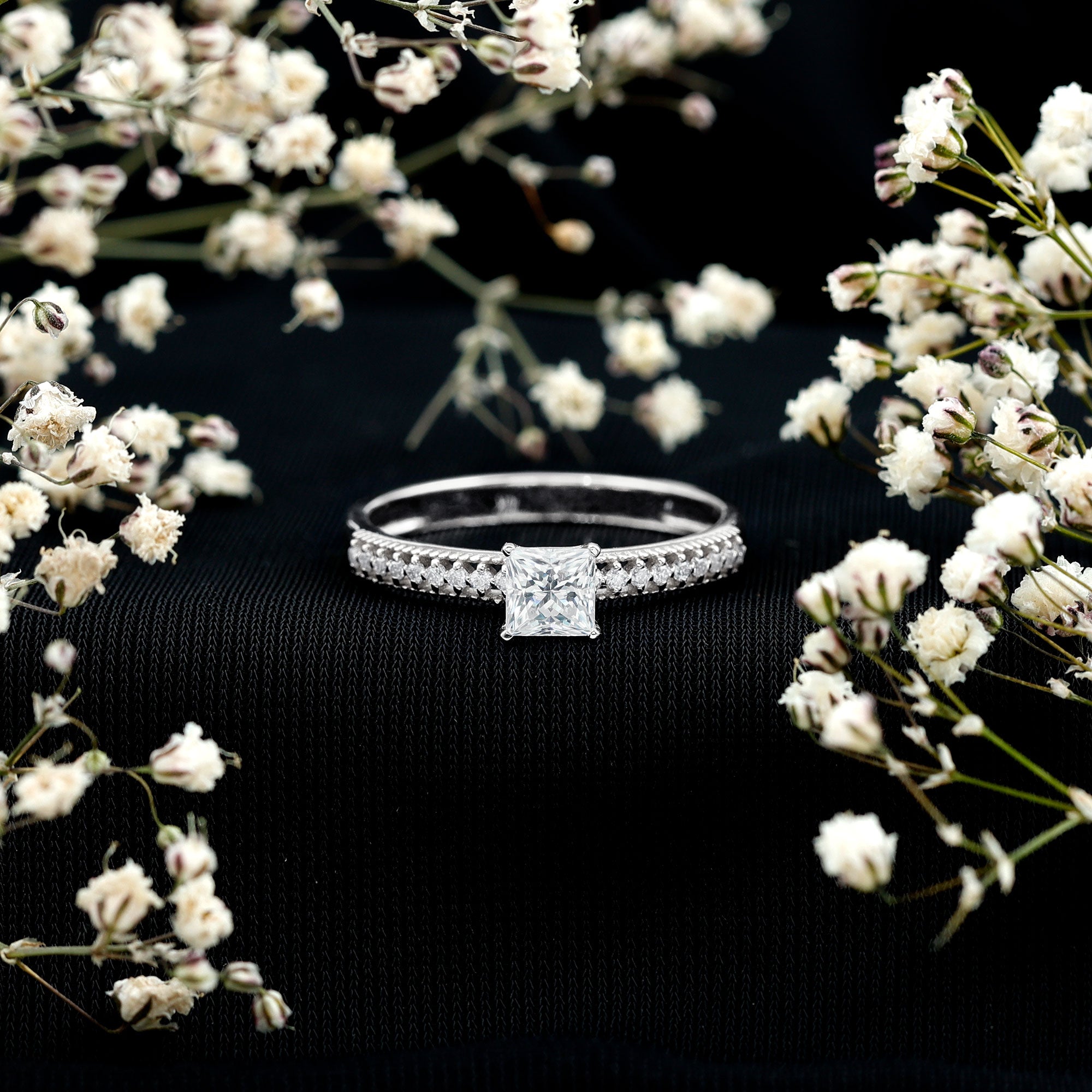 Moissanite Solitaire Engagement Ring with Princess Cut D-VS1 - Rosec Jewels