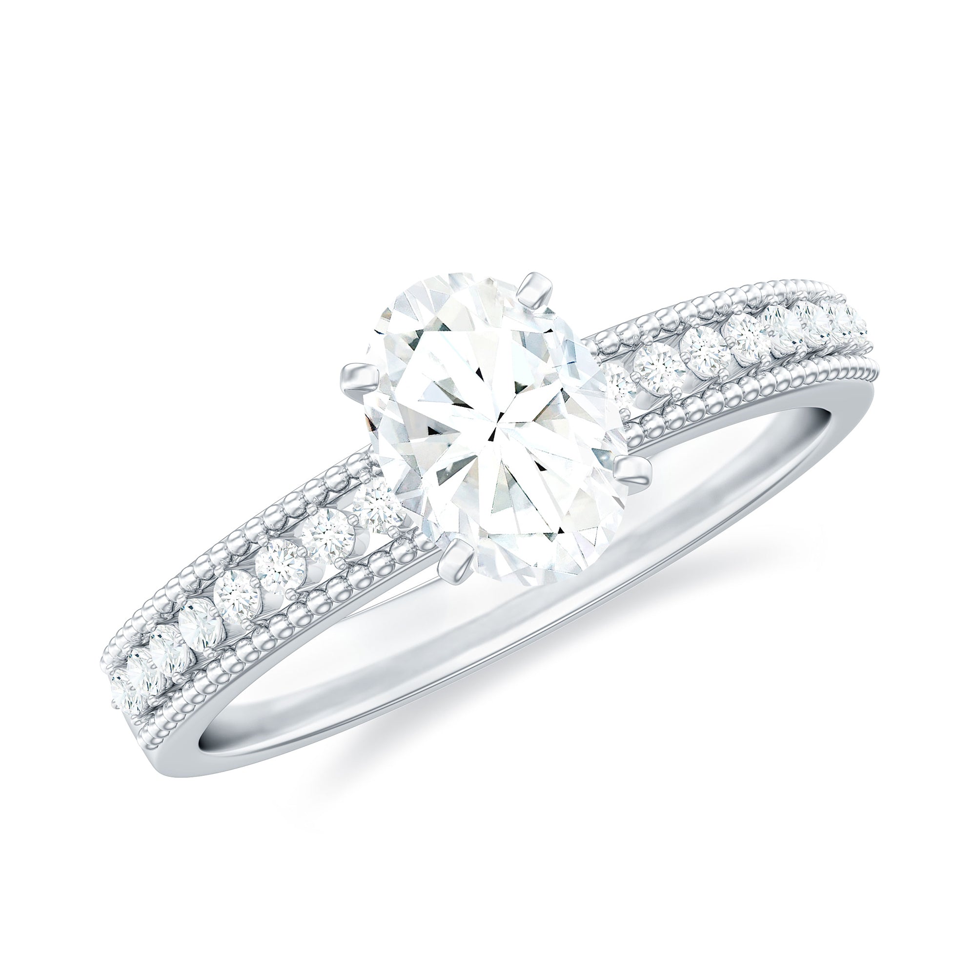 Bague de fiançailles solitaire moissanite de coupe ovale avec perles d'or