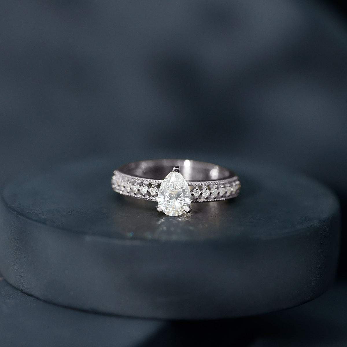 Pear Shaped Moissanite Solitaire Engagement Ring with Beaded Design D-VS1 - Rosec Jewels