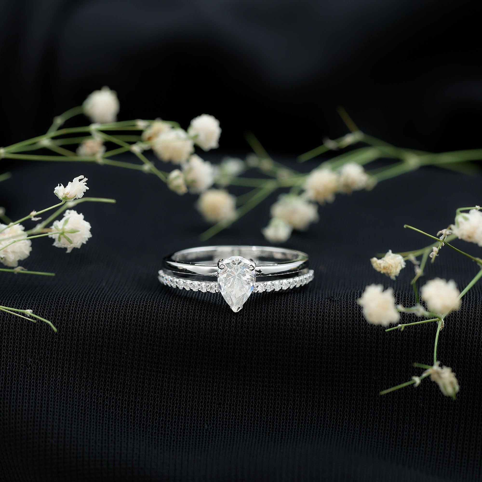 Pear Cut Solitaire Moissanite Double Band Engagement Ring D-VS1 - Rosec Jewels