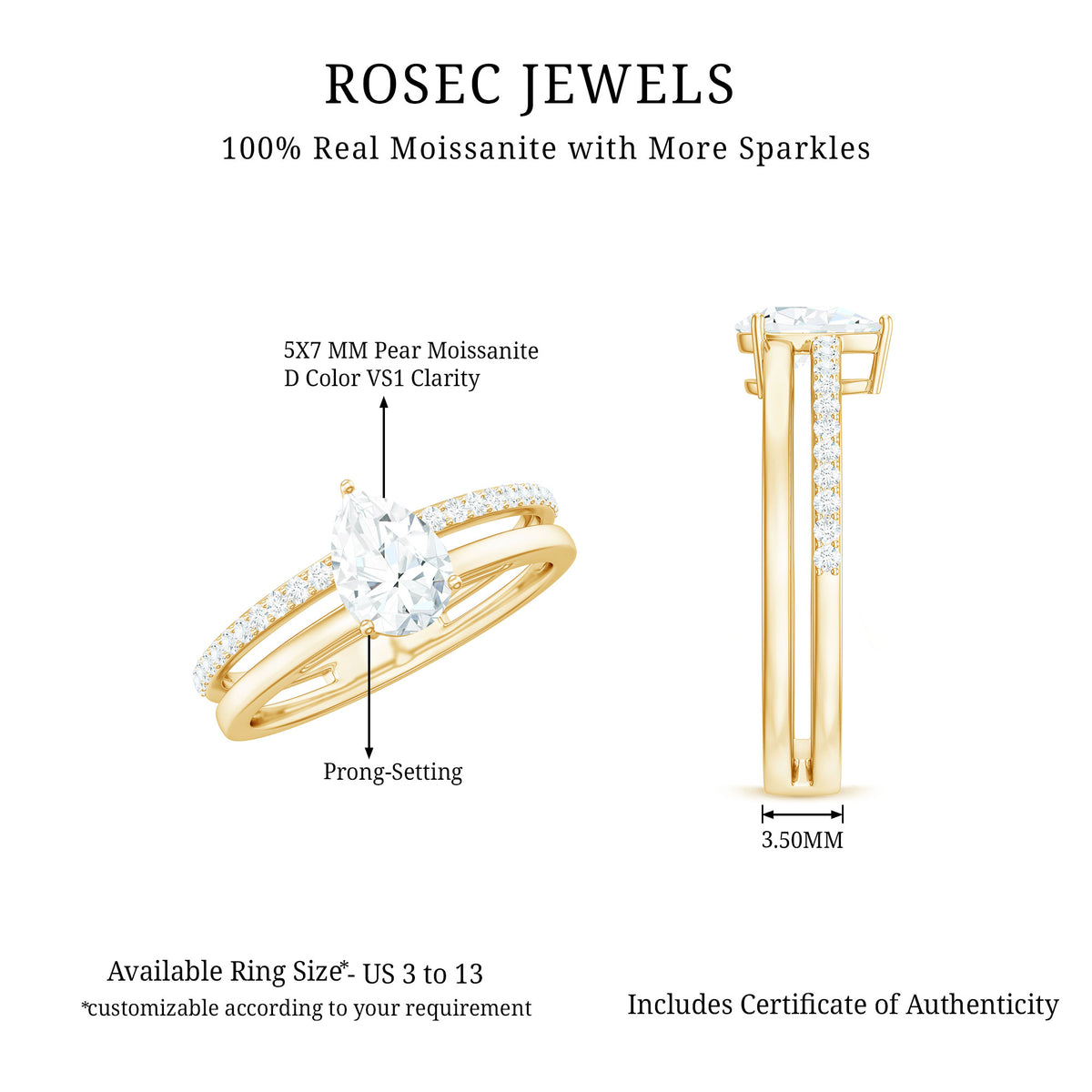 Pear Cut Solitaire Moissanite Double Band Engagement Ring D-VS1 - Rosec Jewels