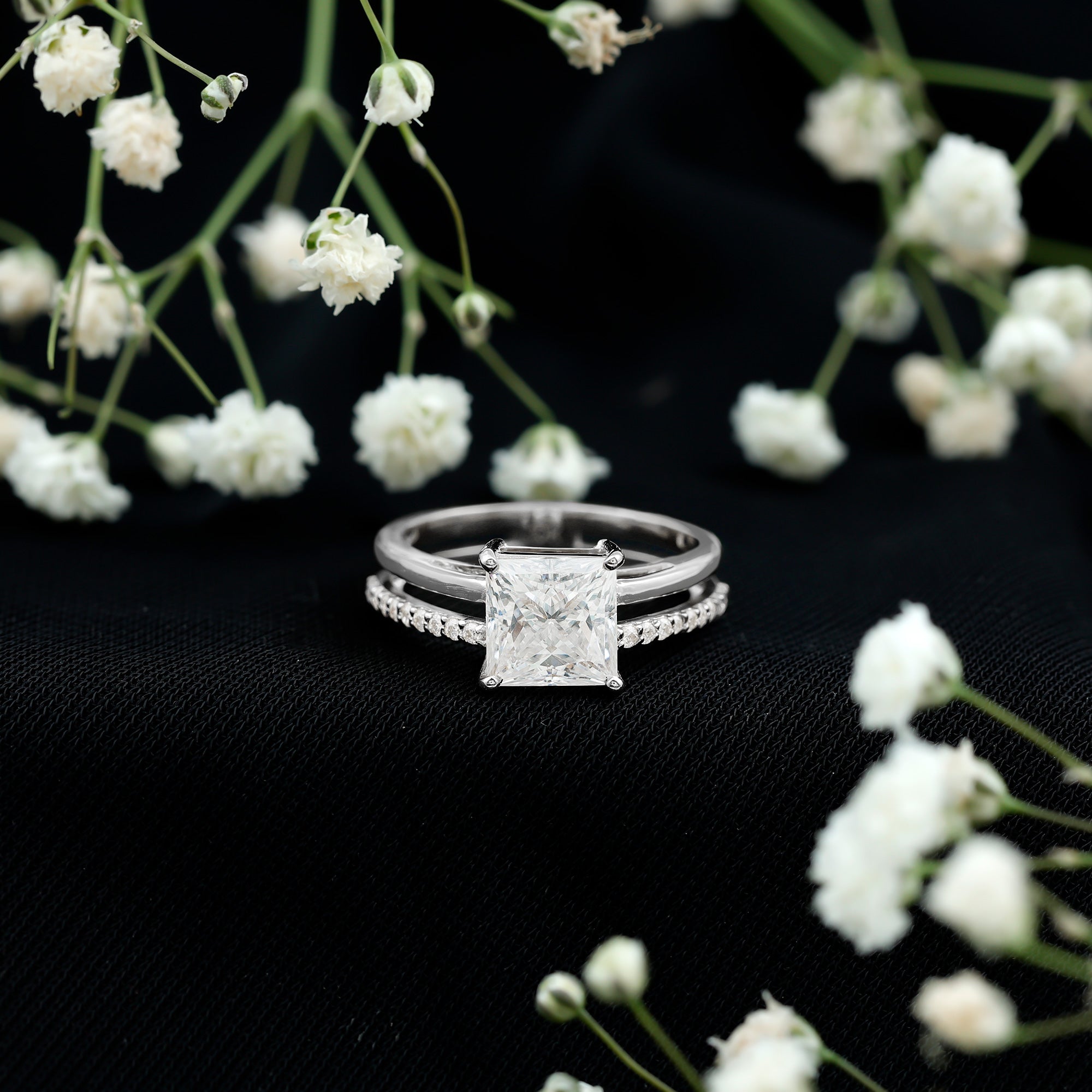 3 Carat Princess Cut Moissanite Double Band Engagement Ring D-VS1 - Rosec Jewels