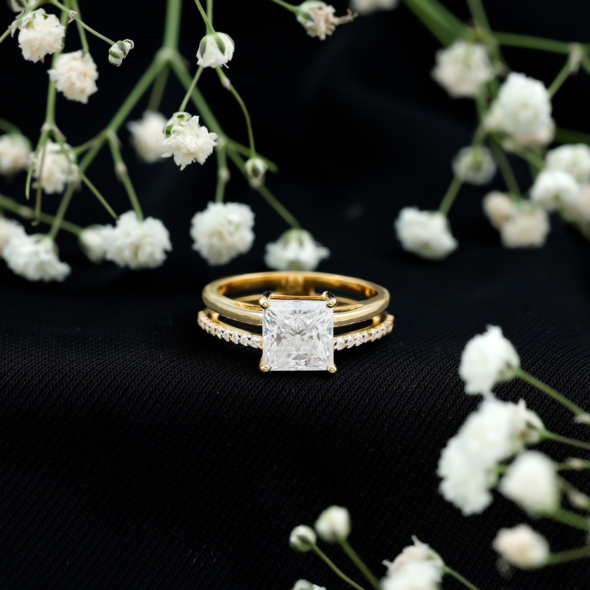 3 Carat Princess Cut Moissanite Double Band Engagement Ring D-VS1 - Rosec Jewels