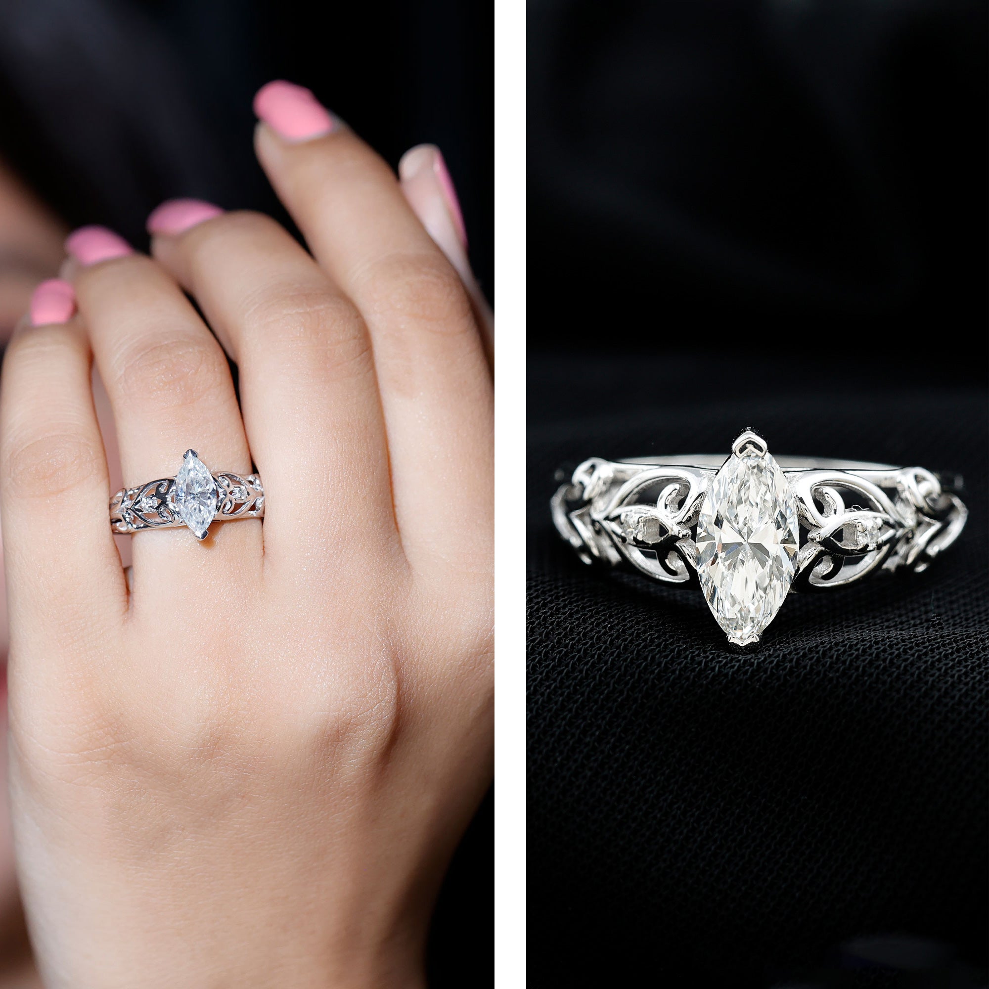 Marquise Moissanite Engagement Ring With Certificate D-VS1 - Rosec Jewels