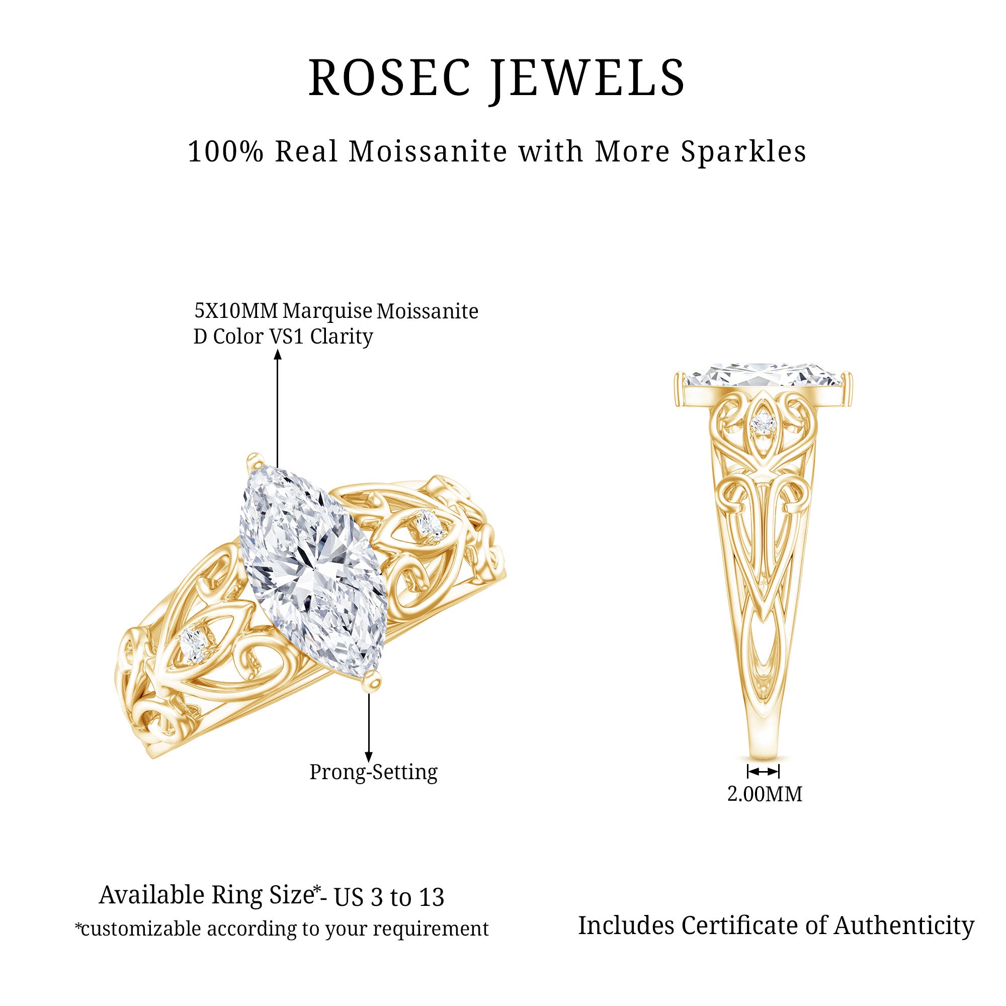 Marquise Moissanite Engagement Ring With Certificate D-VS1 - Rosec Jewels