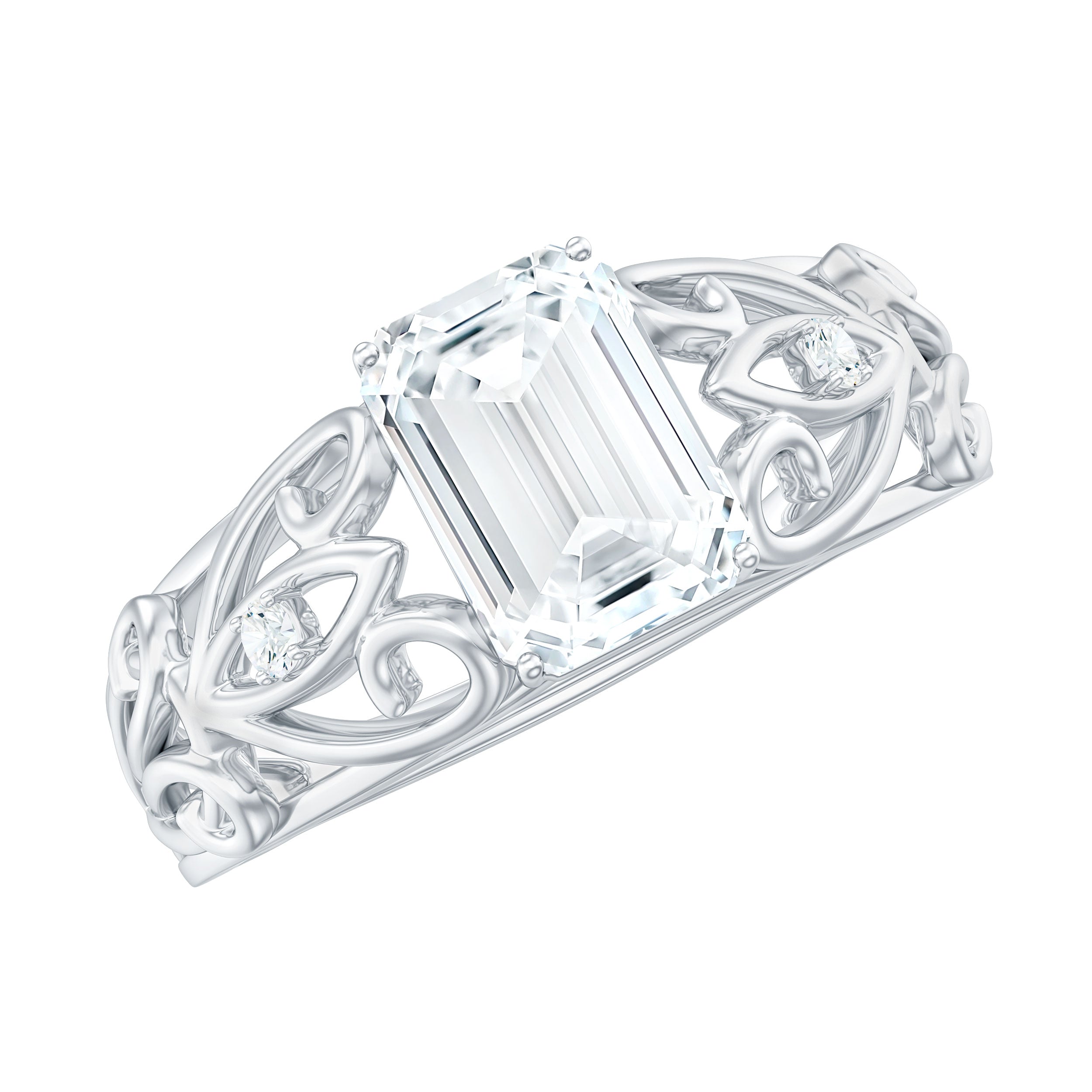 6X8 MM Emerald Cut Moissanite Vintage Inspired Solitaire Ring