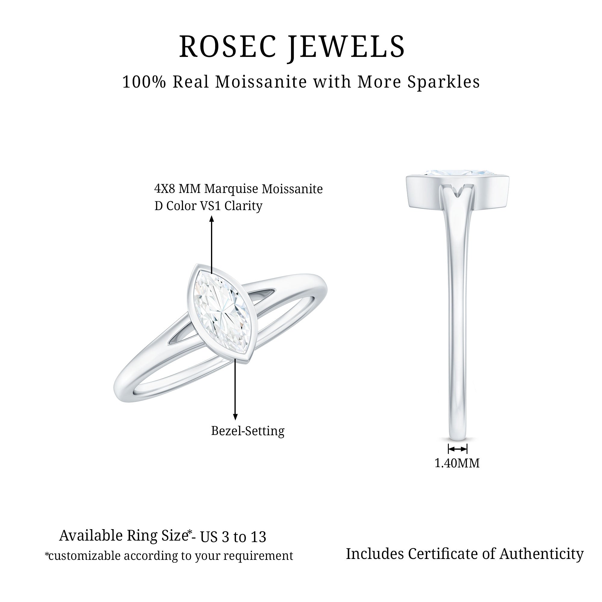 Bezel Set Moissanite Marquise Engagement Ring in Split Shank D-VS1 - Rosec Jewels