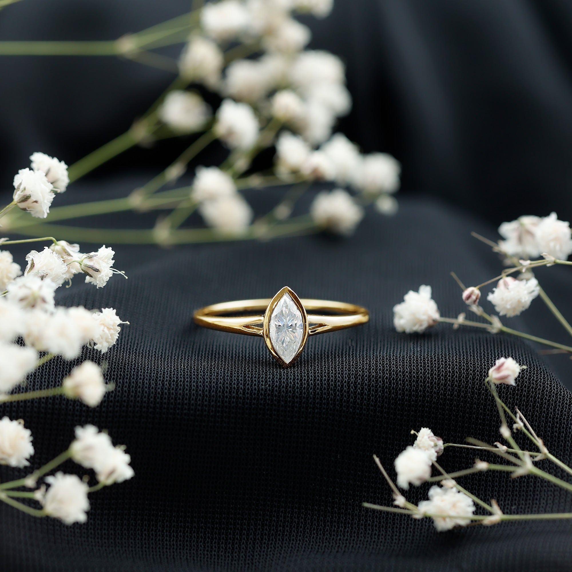 Bezel Set Moissanite Marquise Engagement Ring in Split Shank D-VS1 - Rosec Jewels