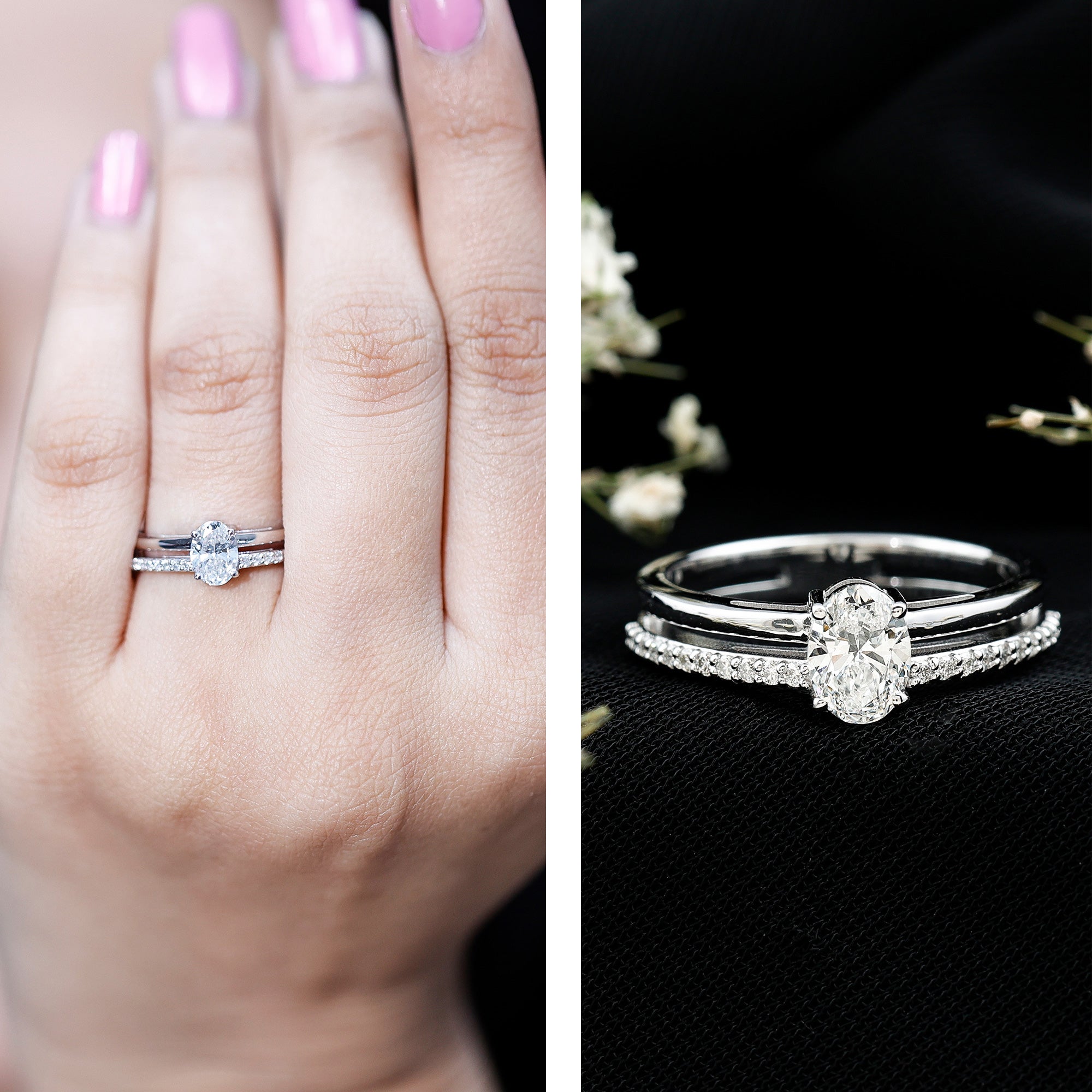 Oval Cut Solitaire Moissanite Double Band Engagement Ring D-VS1 - Rosec Jewels