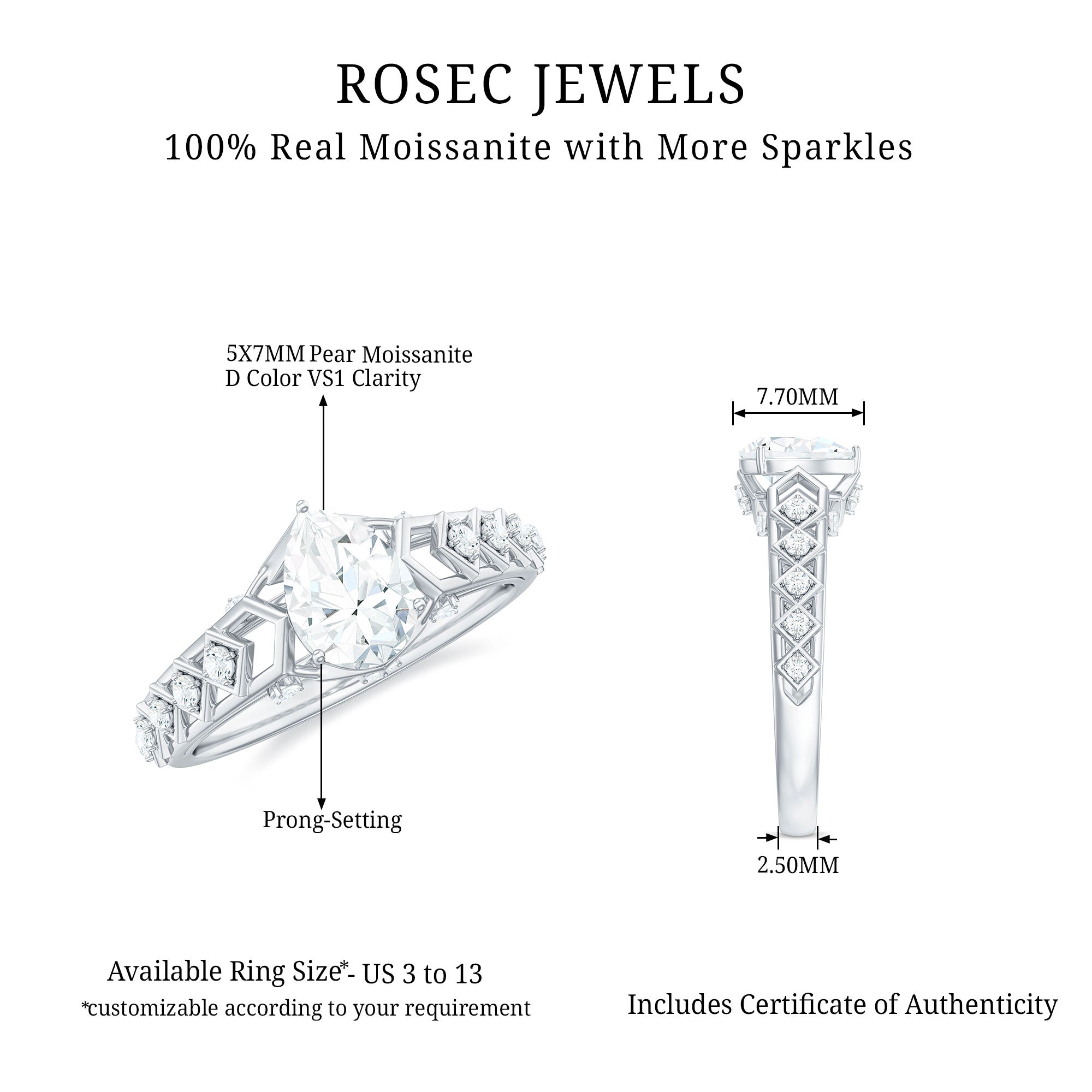 Art Deco Inspired Brilliant Cut Moissanite Solitaire Engagement Ring D-VS1 - Rosec Jewels