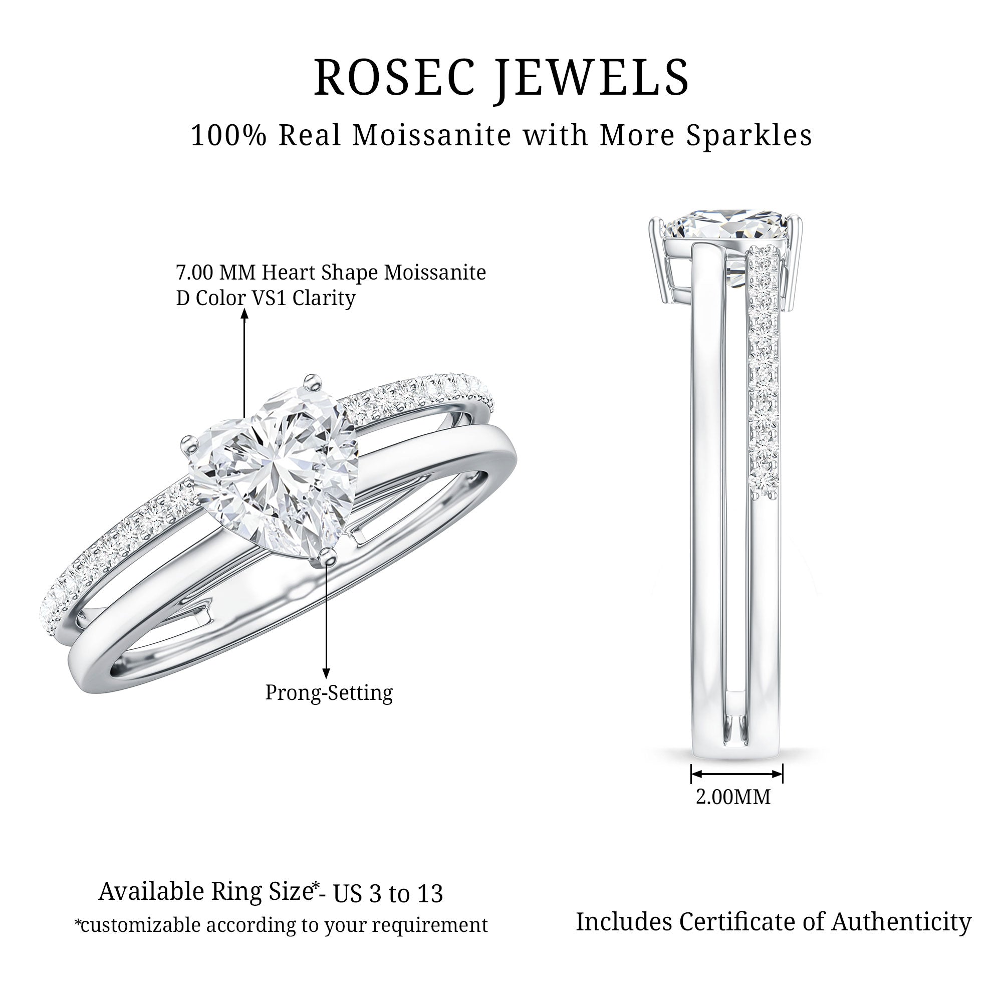 1.5 Carat Heart Shape Moissanite Double Band Engagement Ring D-VS1 - Rosec Jewels