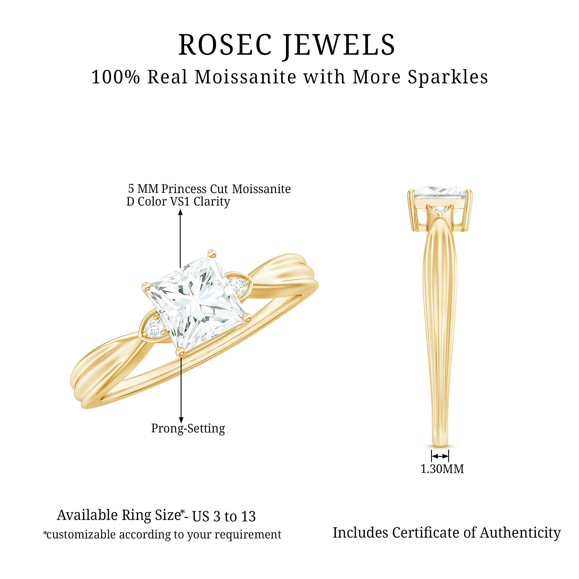 5MM Princess Cut Moissanite Solitaire Promise Ring for Her D-VS1 - Rosec Jewels