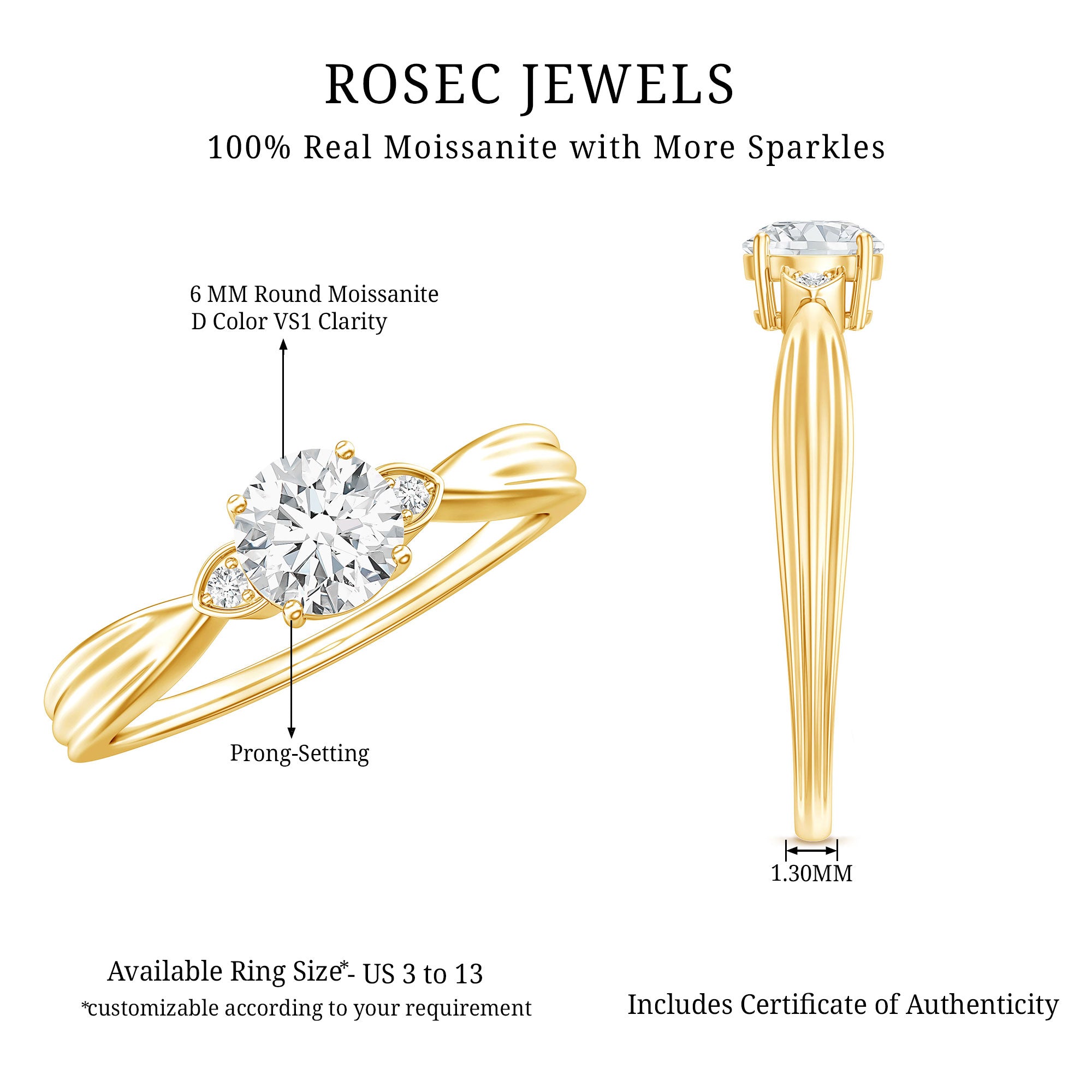 Round Moissanite Solitaire Engagement Ring for Her D-VS1 - Rosec Jewels