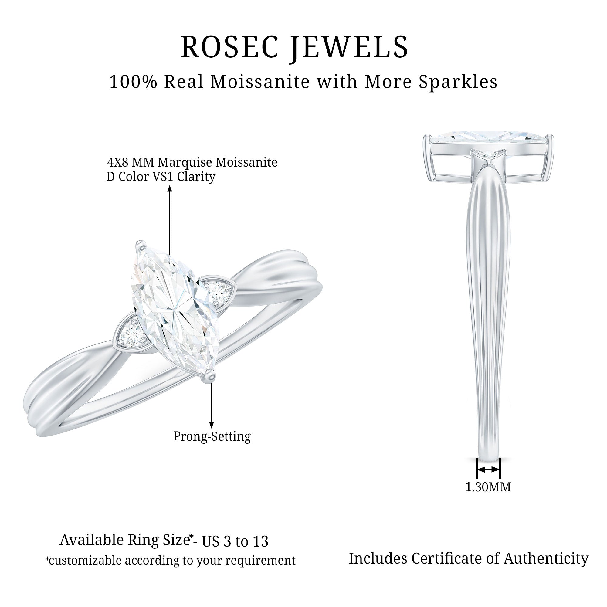 Marquise Cut Moissanite Solitaire Ring D-VS1 - Rosec Jewels