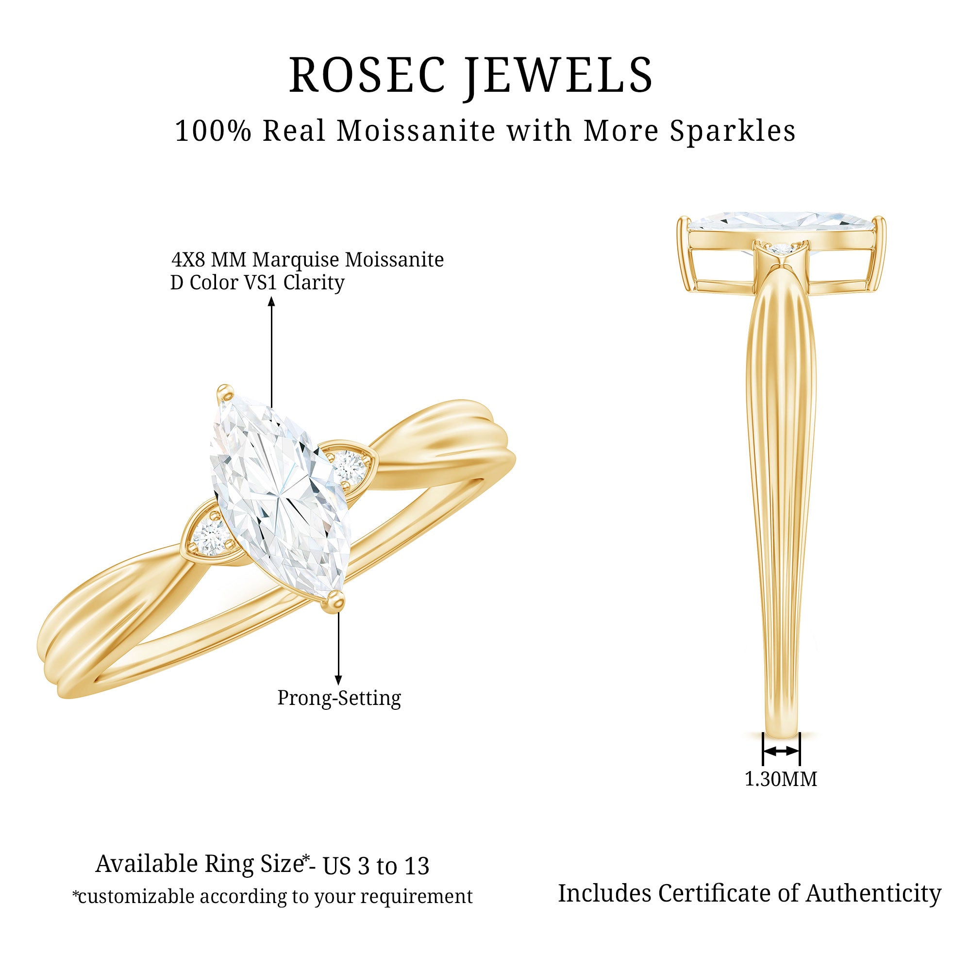 Marquise Cut Moissanite Solitaire Ring D-VS1 - Rosec Jewels