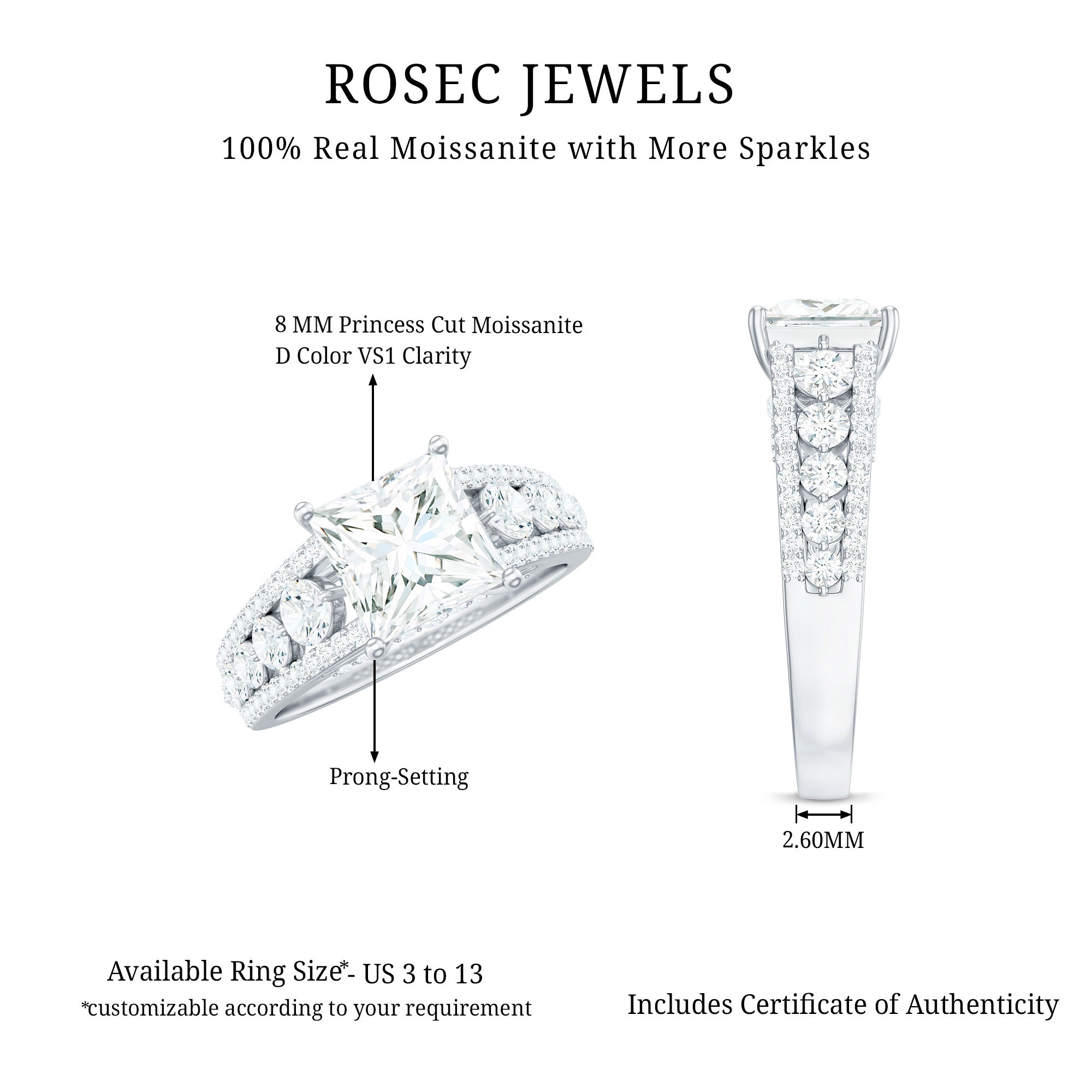 Princess Cut Moissanite Engagement Ring with Side Stones D-VS1 - Rosec Jewels