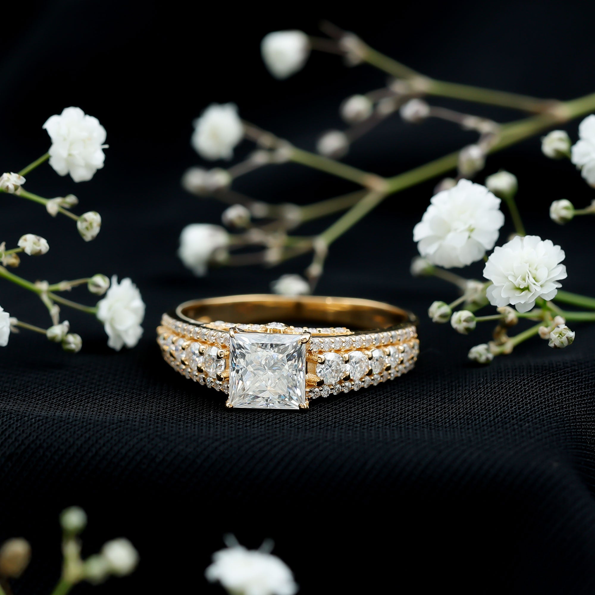 Princess Cut Moissanite Engagement Ring with Side Stones D-VS1 - Rosec Jewels