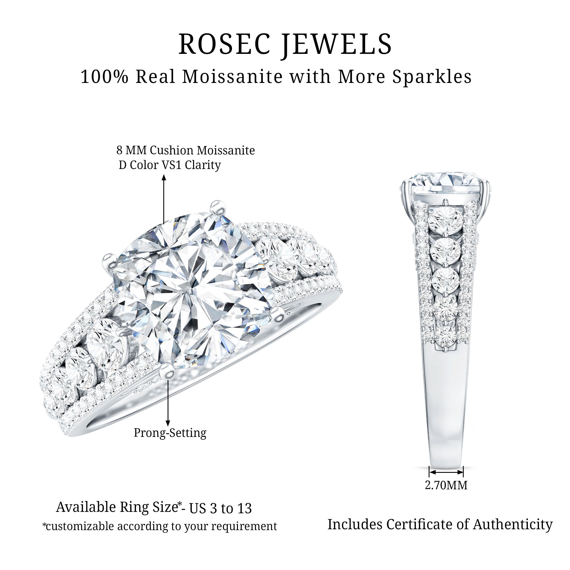 8 MM Cushion Cut Moissanite Engagement Ring with Side Stones D-VS1 - Rosec Jewels