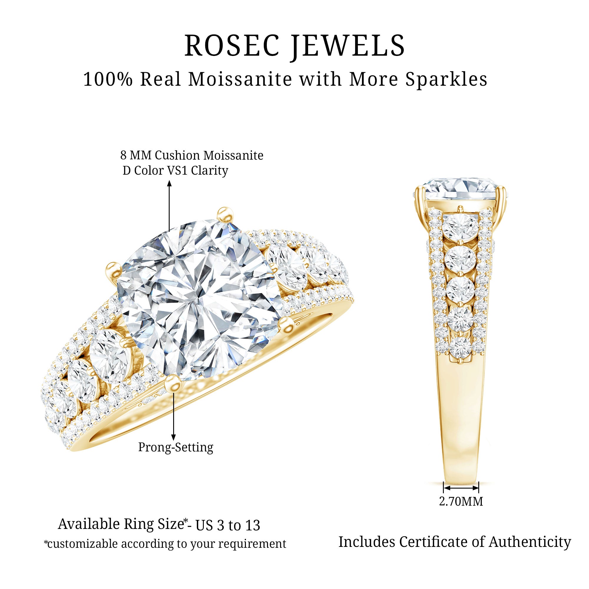 8 MM Cushion Cut Moissanite Engagement Ring with Side Stones D-VS1 - Rosec Jewels