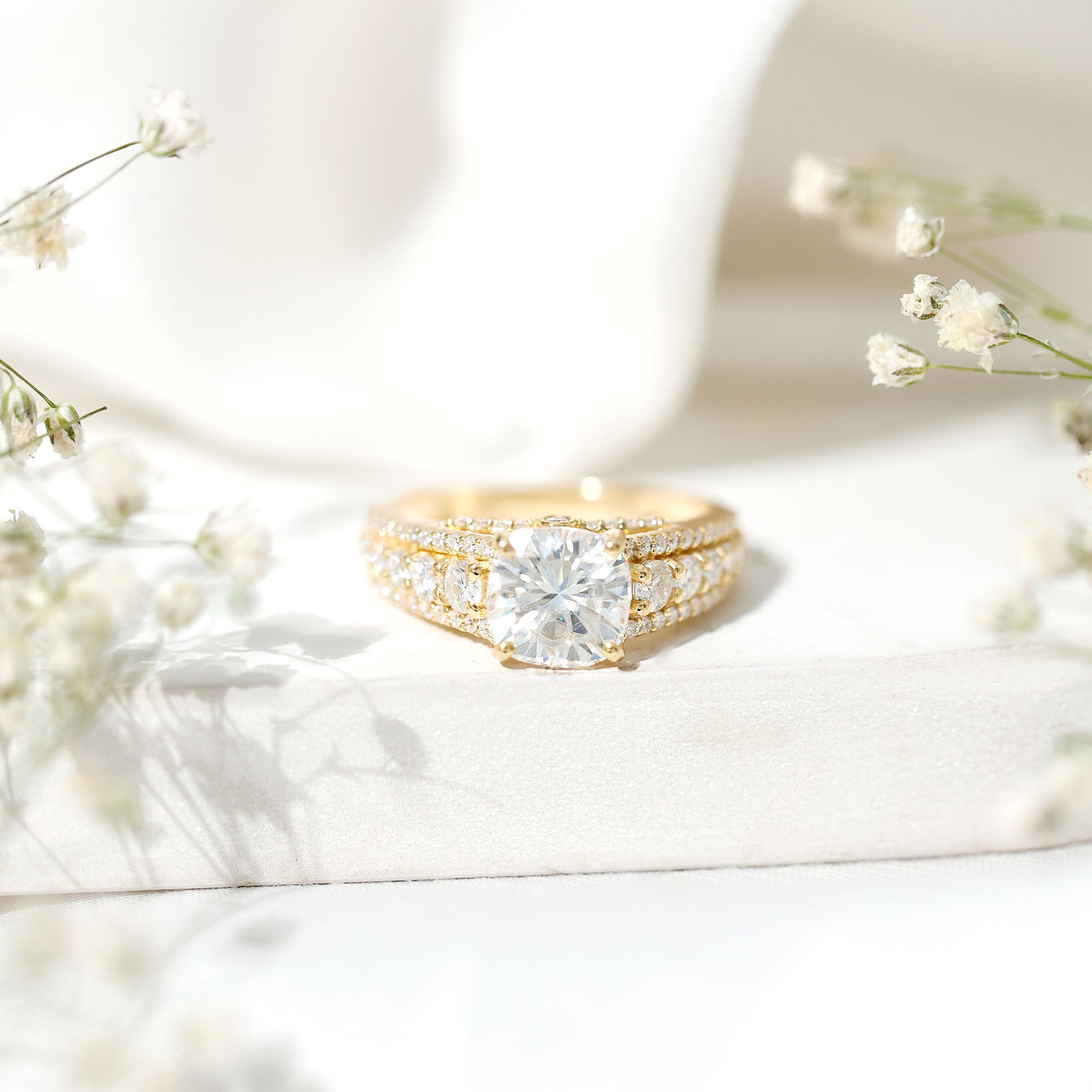 8 MM Cushion Cut Moissanite Engagement Ring with Side Stones D-VS1 - Rosec Jewels