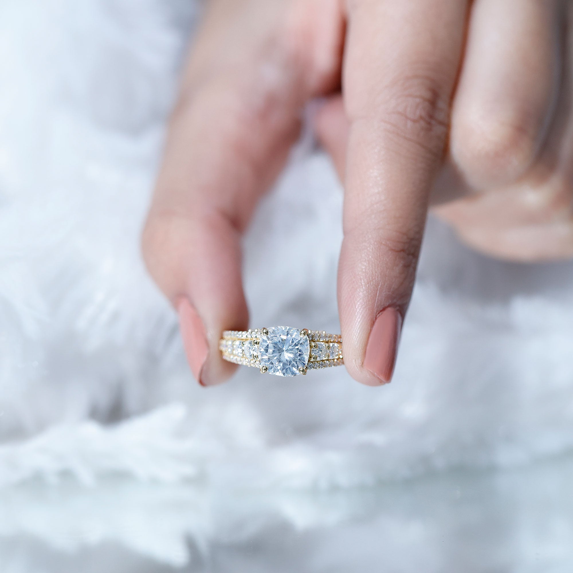 8 MM Cushion Cut Moissanite Engagement Ring with Side Stones D-VS1 - Rosec Jewels