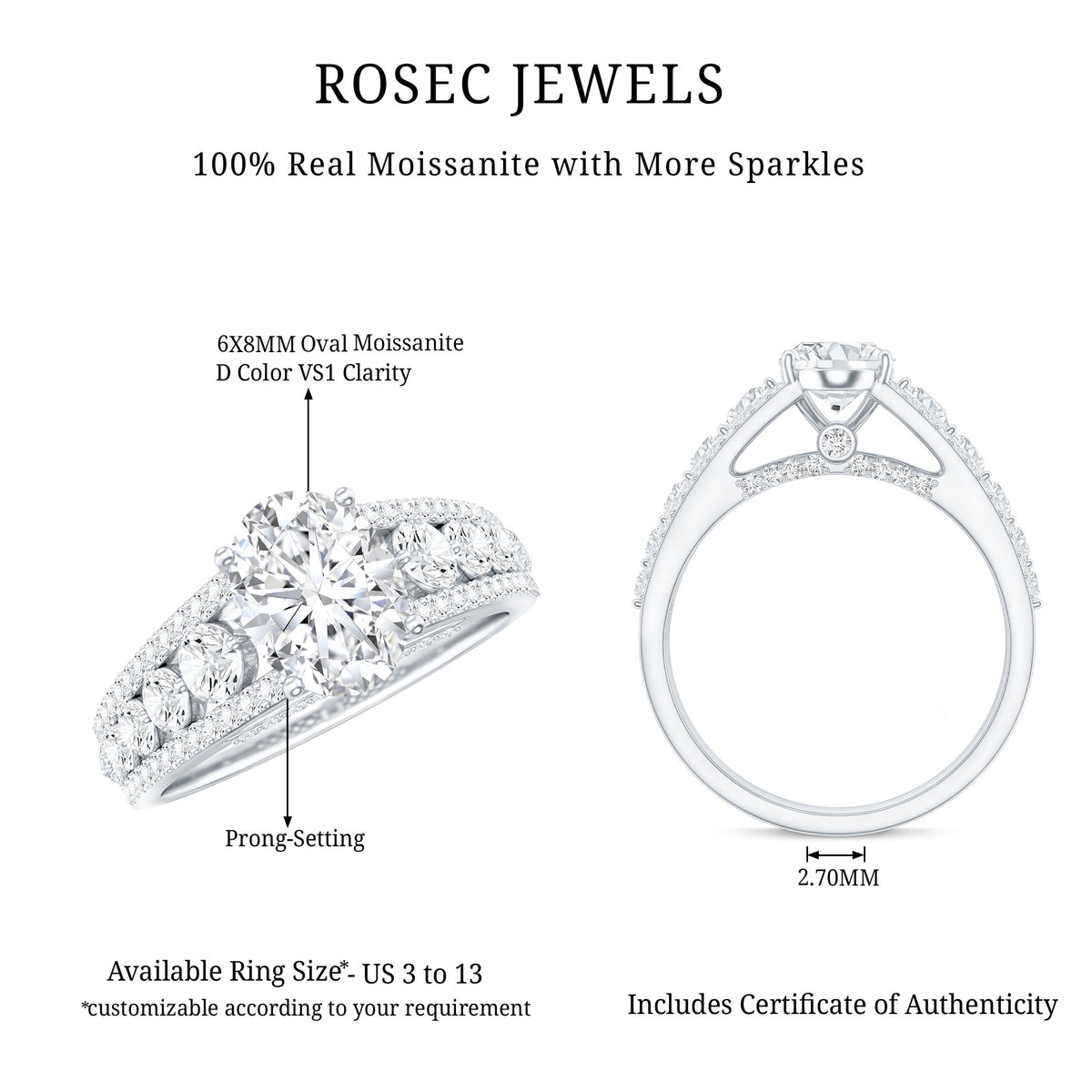 Certified Moissanite Oval Engagement Ring with Side Stones D-VS1 - Rosec Jewels