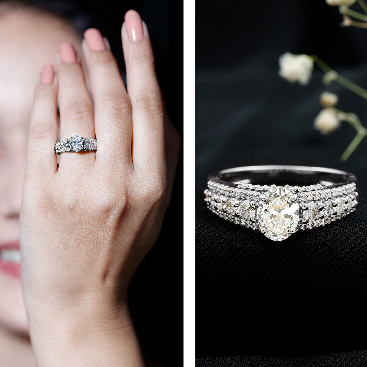 Certified Moissanite Oval Engagement Ring with Side Stones D-VS1 - Rosec Jewels