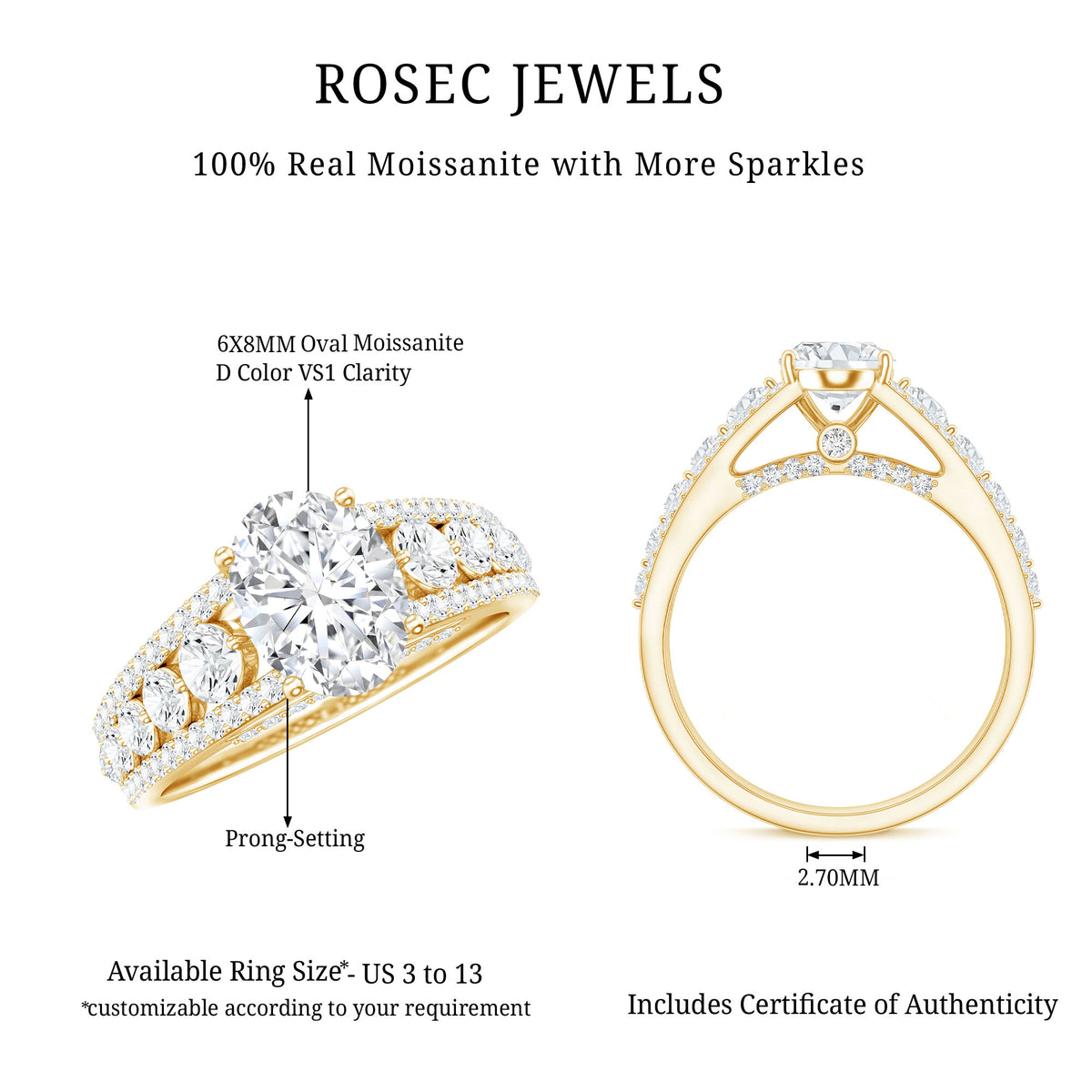 Certified Moissanite Oval Engagement Ring with Side Stones D-VS1 - Rosec Jewels