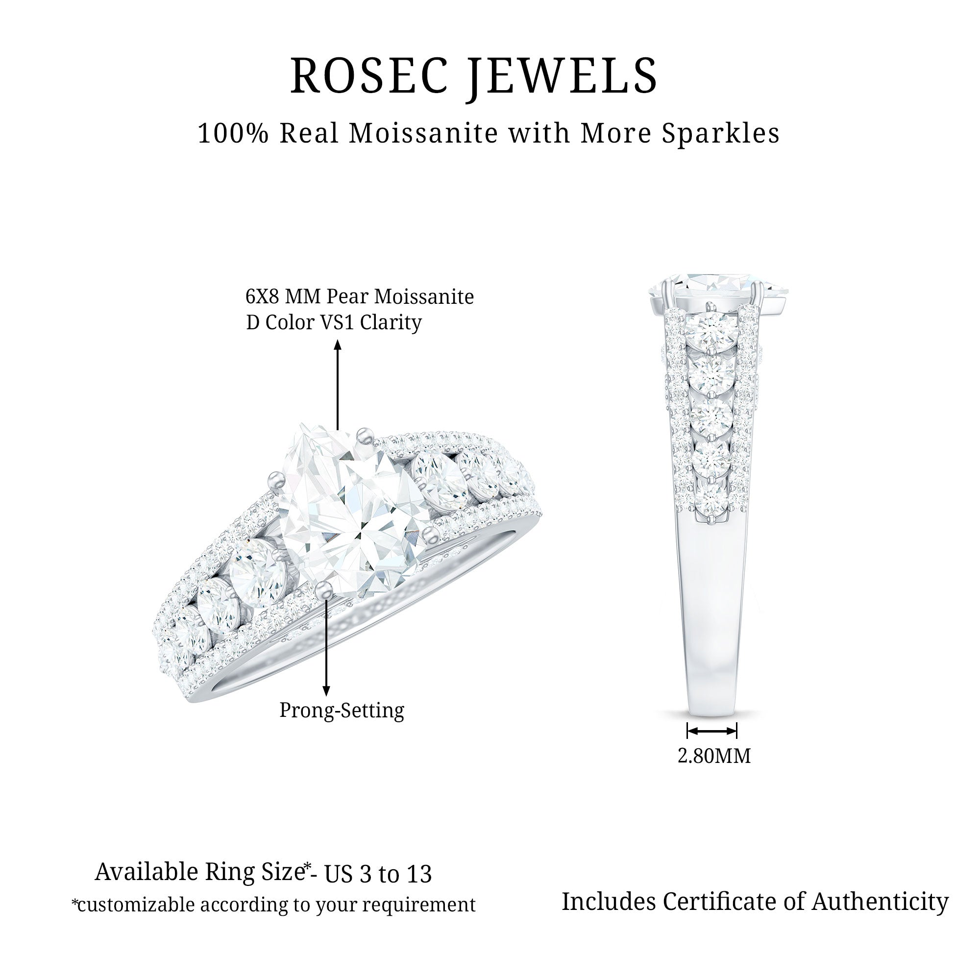 6X8 MM Pear Shape Moissanite Vintage Inspired Engagement Ring D-VS1 - Rosec Jewels