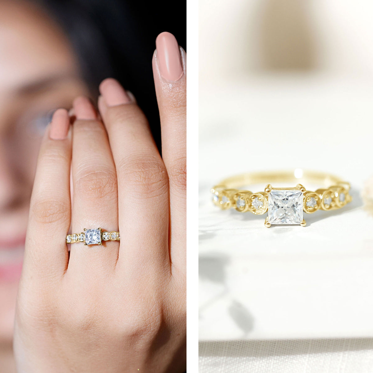 Square Cut Moissanite Engagement Ring with Side Stones D-VS1 - Rosec Jewels