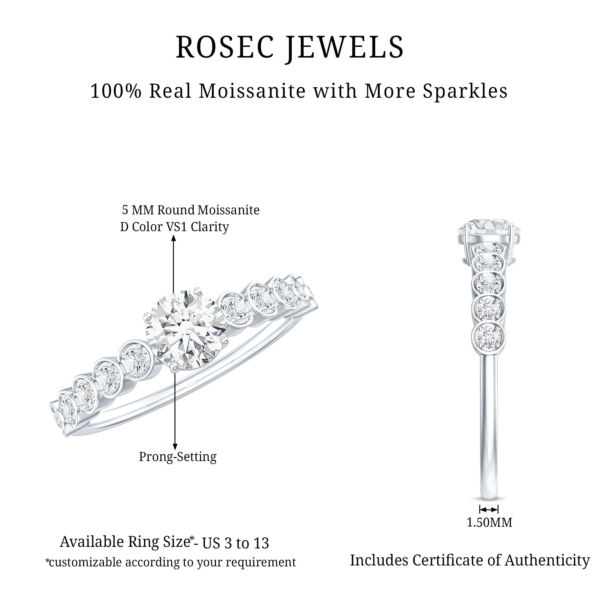 Certified 5 MM Round Moissanite Engagement Ring with Side Stones D-VS1 - Rosec Jewels
