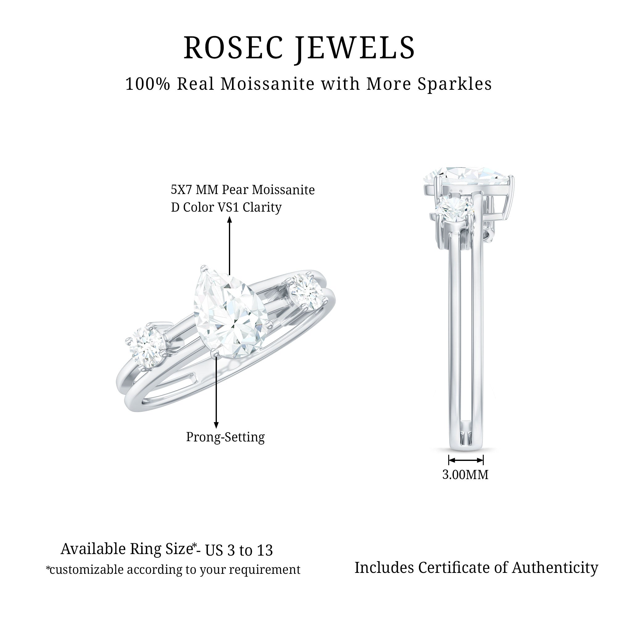 Pear Cut Moissanite Engagement Ring with Double Band D-VS1 - Rosec Jewels