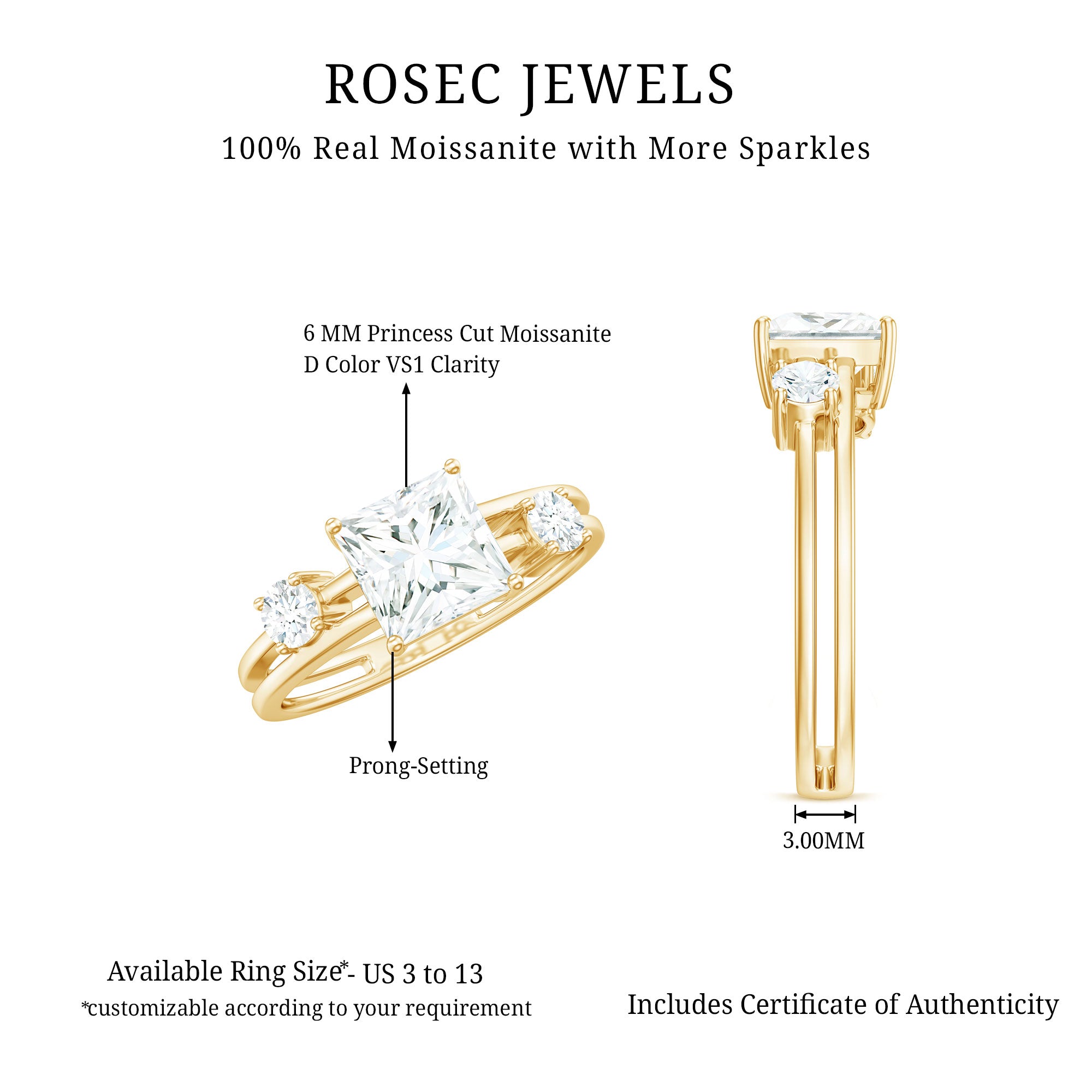 Princess Cut Moissanite Engagement Ring with Double Band D-VS1 - Rosec Jewels