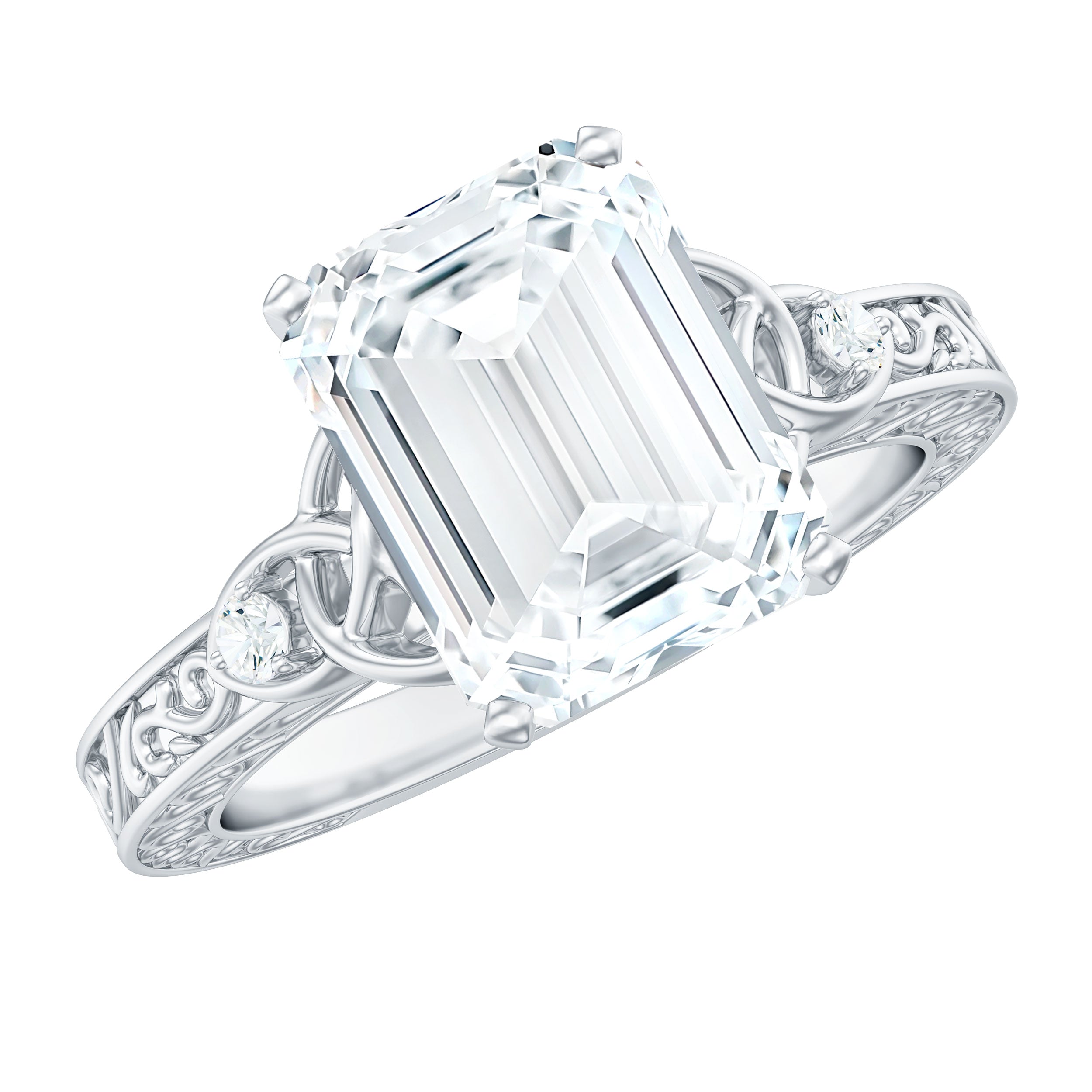 7X9 mm Emerald Cut Moissanite Solitaire Celtic Ring with Engraved Shank D-VS1 - Rosec Jewels
