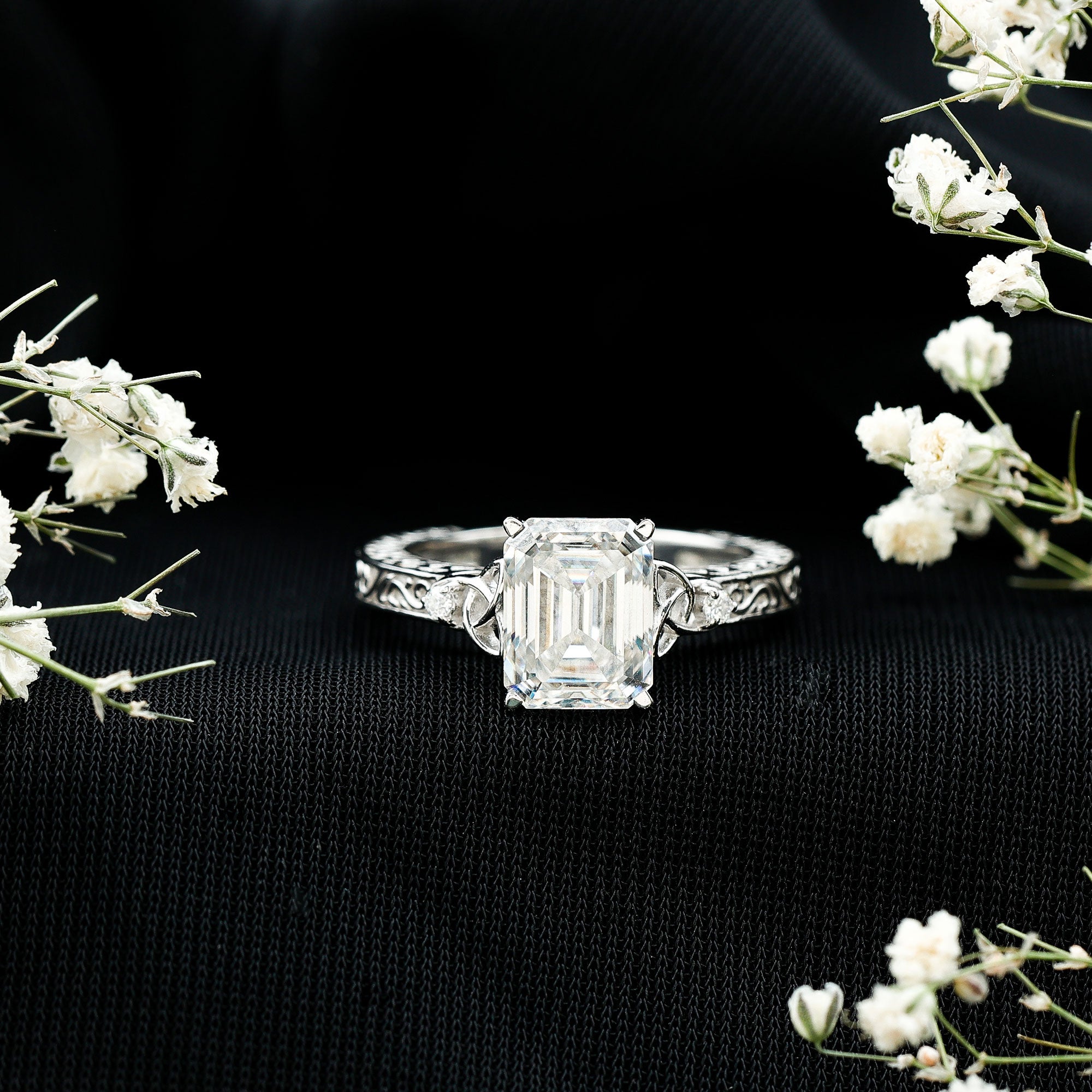 7X9 mm Emerald Cut Moissanite Solitaire Celtic Ring with Engraved Shank D-VS1 - Rosec Jewels