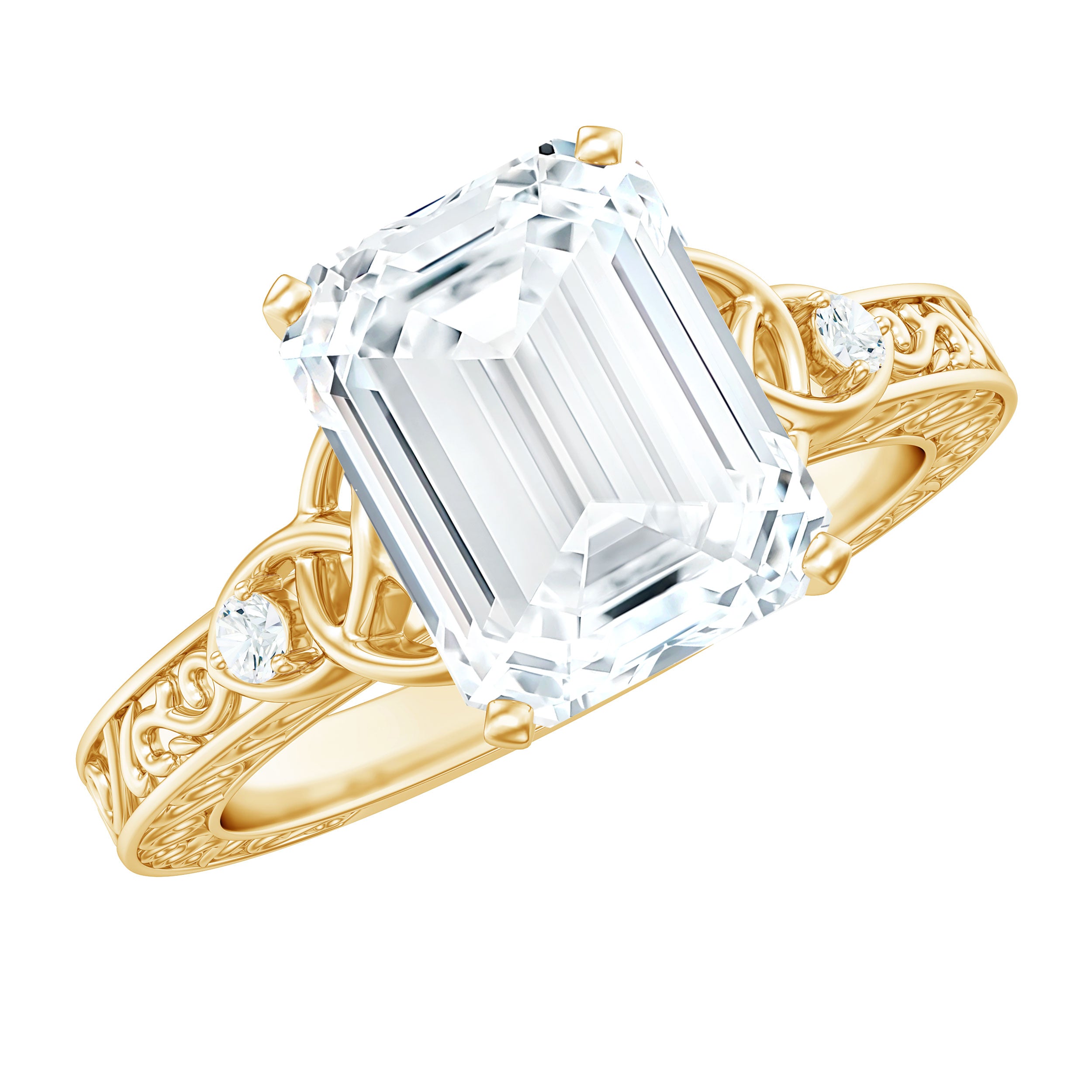 2.8 Carat Emerald Cut Moissanite Solitaire Celtic Ring with Engraved Shank D-VS1 - Rosec Jewels