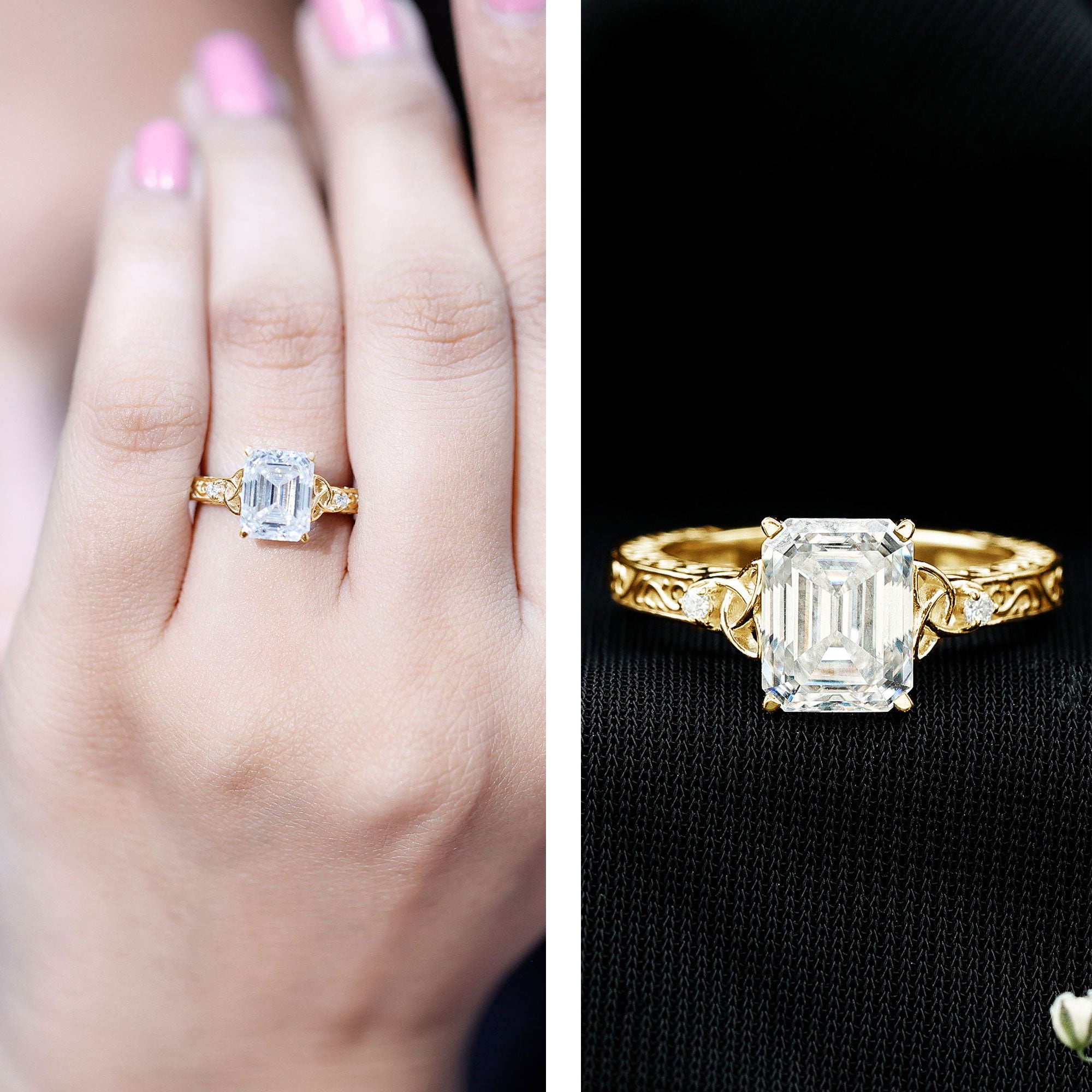 7X9 mm Emerald Cut Moissanite Solitaire Celtic Ring with Engraved Shank D-VS1 - Rosec Jewels