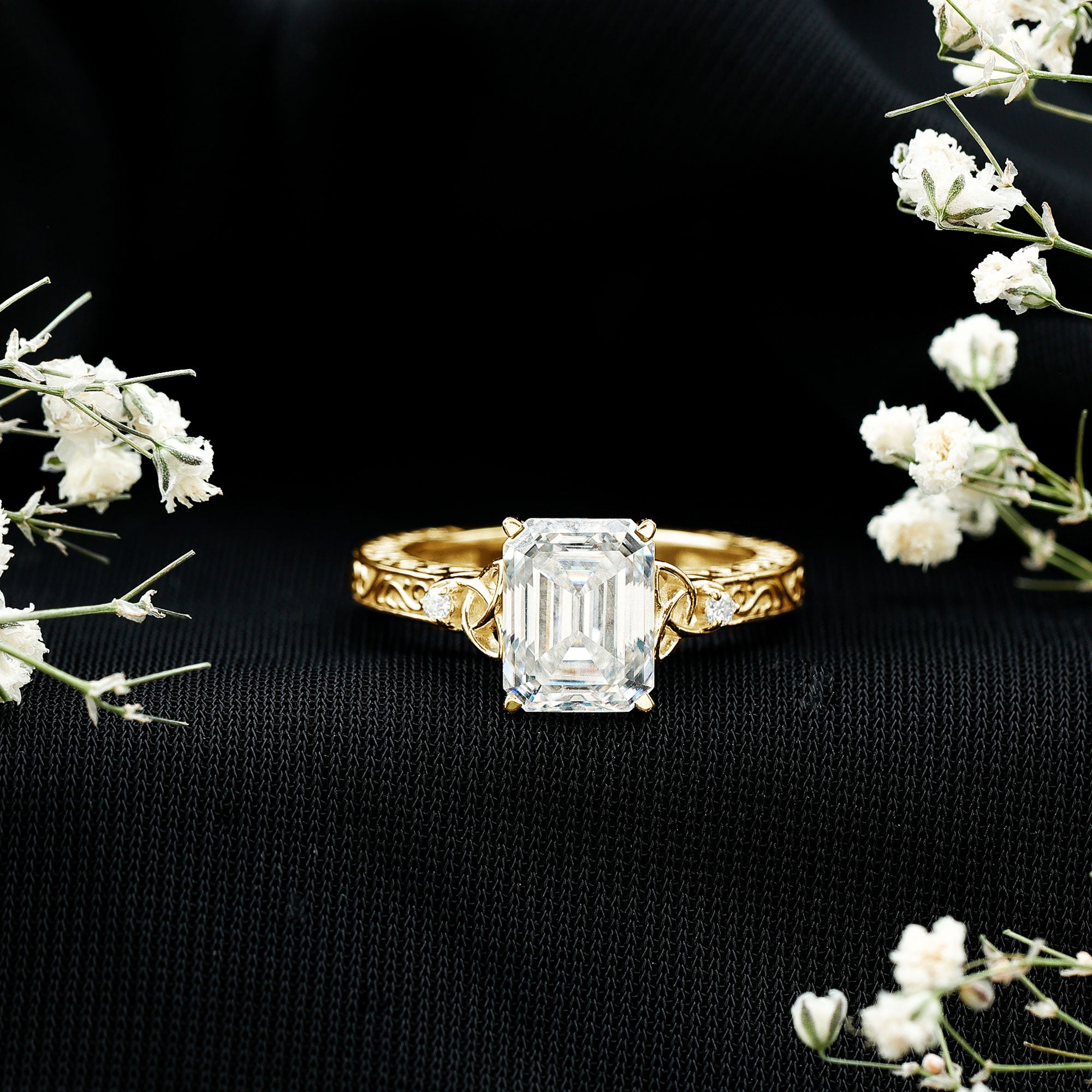 7X9 mm Emerald Cut Moissanite Solitaire Celtic Ring with Engraved Shank D-VS1 - Rosec Jewels