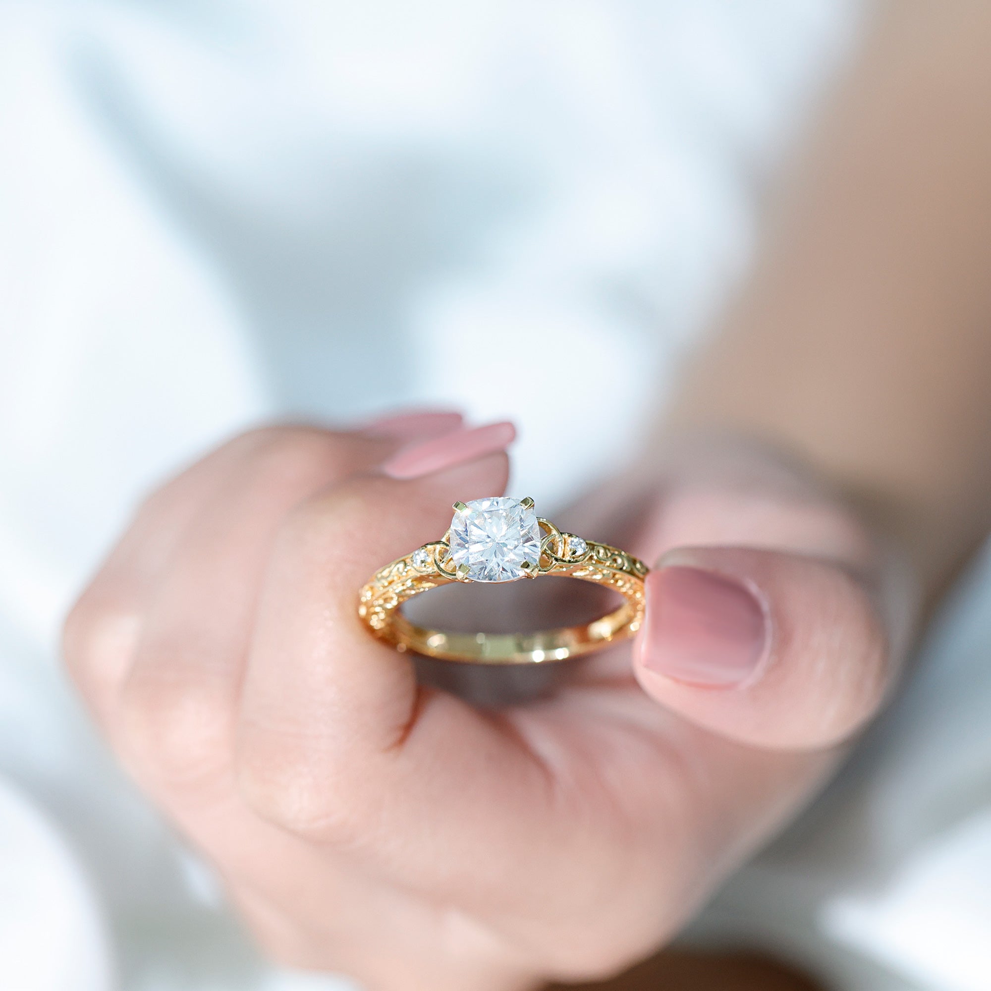 Cushion Cut Moissanite Antique Style Engagement Ring D-VS1 - Rosec Jewels